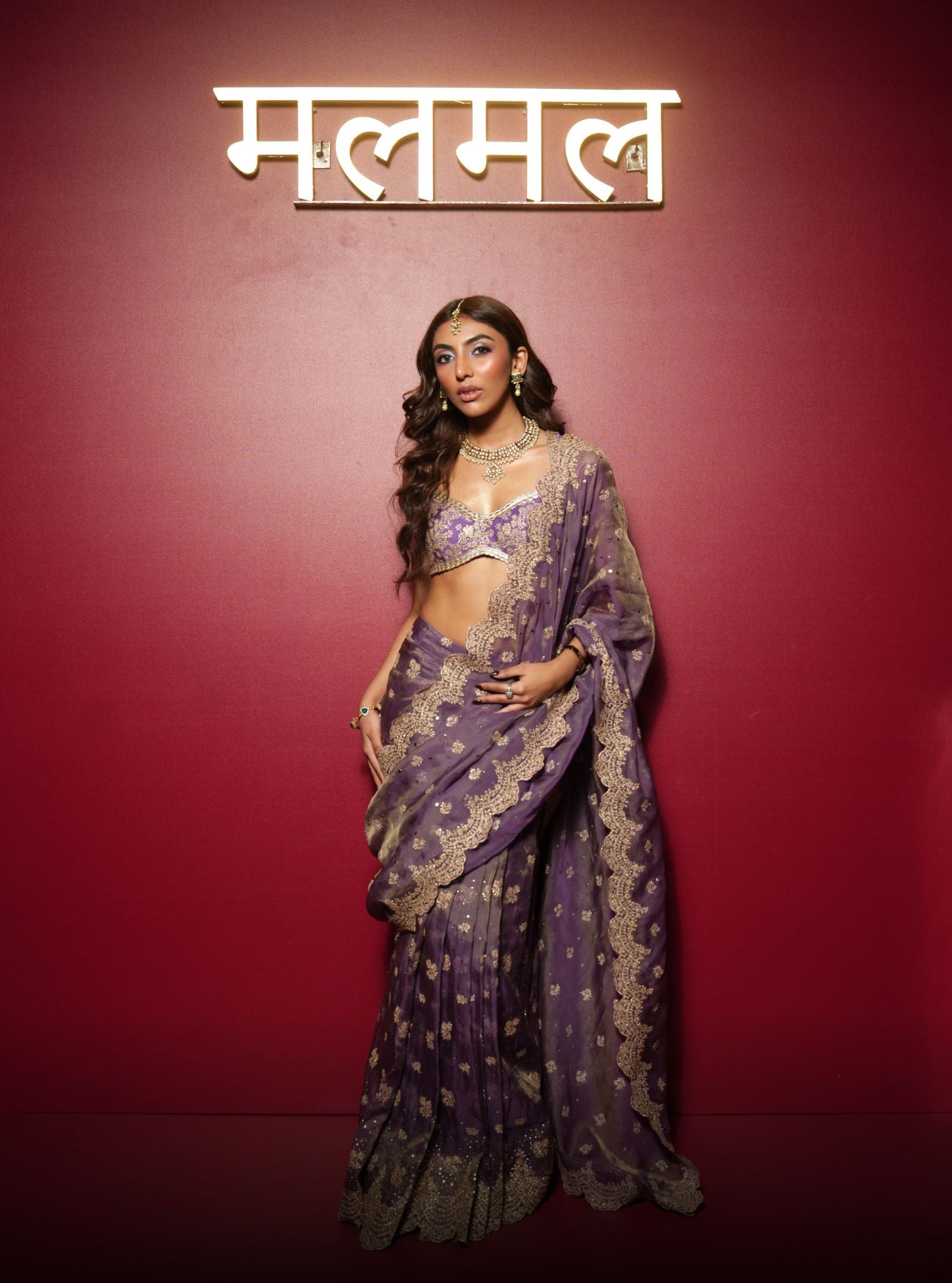 Adiva Lurex Organza Purple Pre-draped Saree