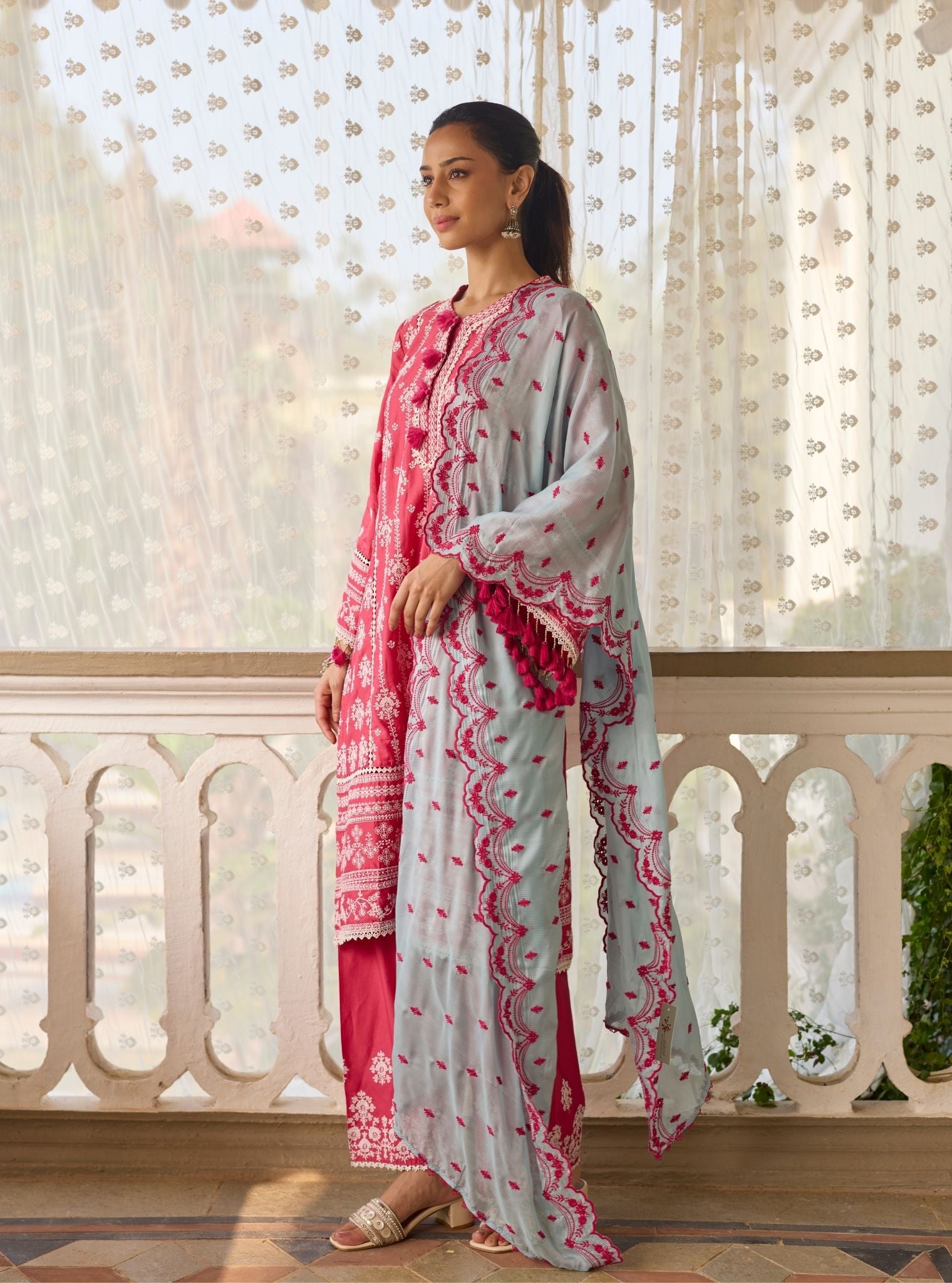 Lomeya Pima Satin Fuschia Kurta Set