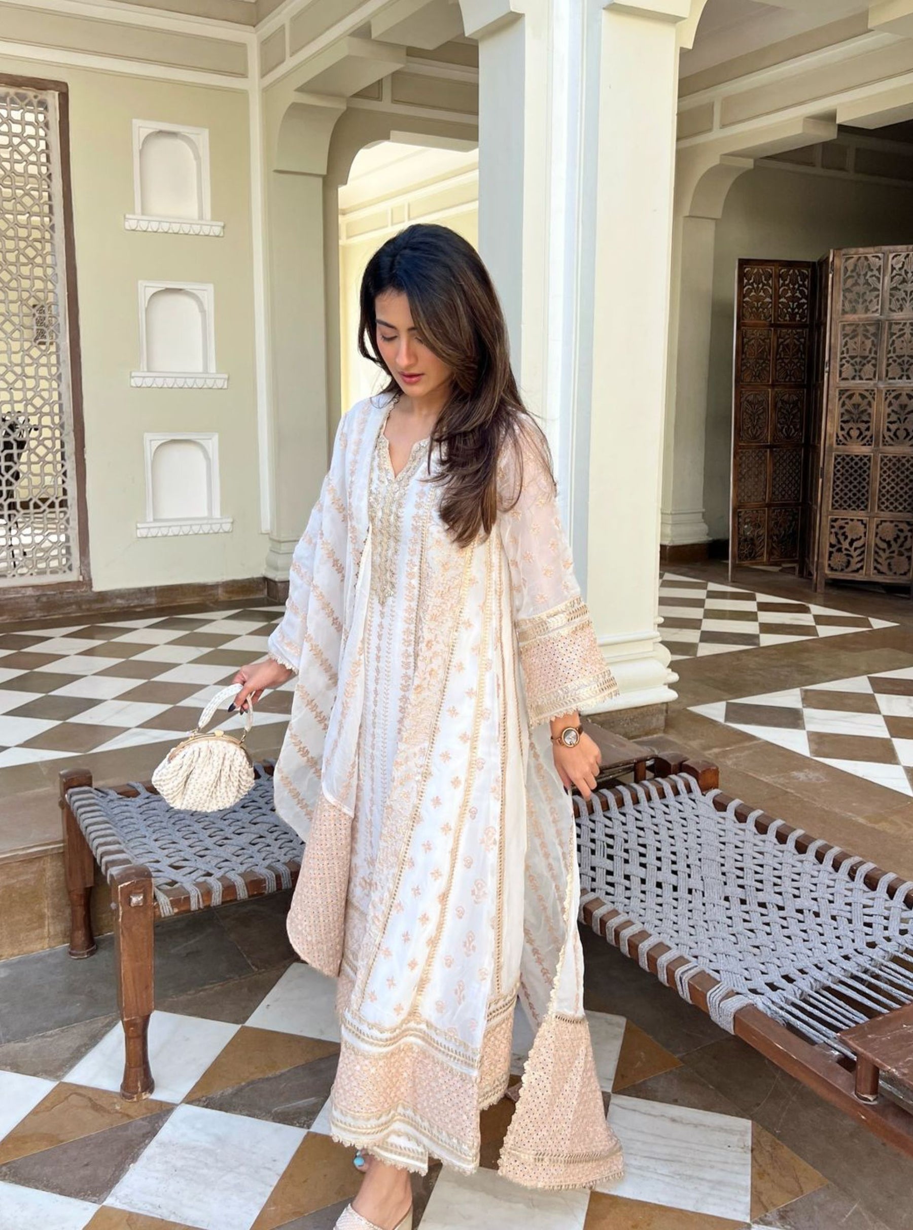 Mulmul Organza Katha Off White Anarkali Kurta With Mulmul Pima Satin Katha Off White Pant