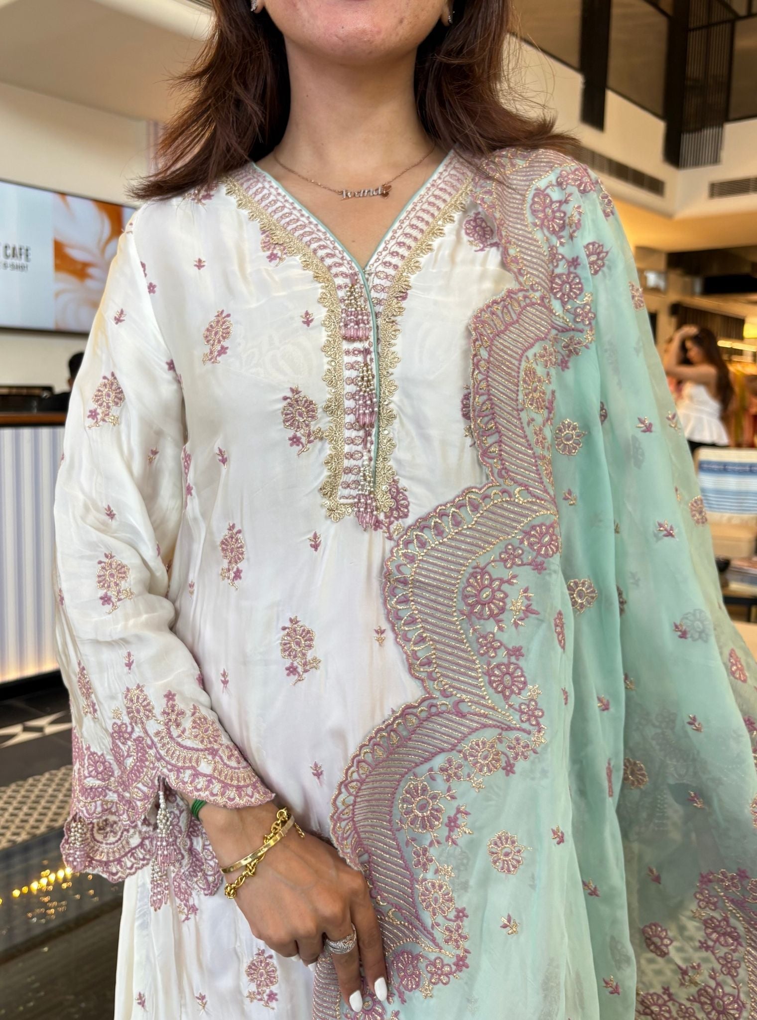 Phulkari Cupro Satin White Kurta Set