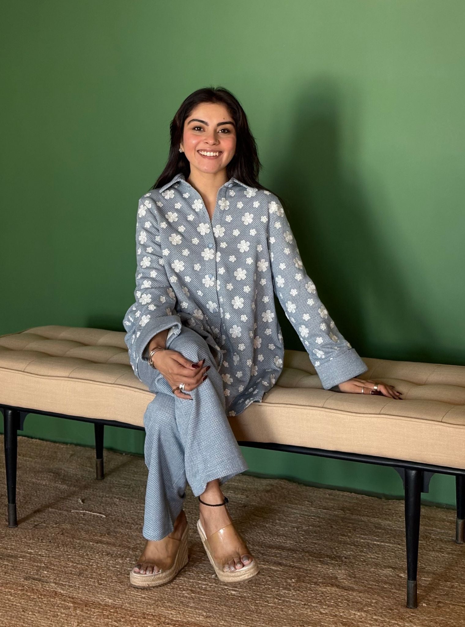 Lurex Light blue Knit Varnika Shirt With Edith Blue Pant