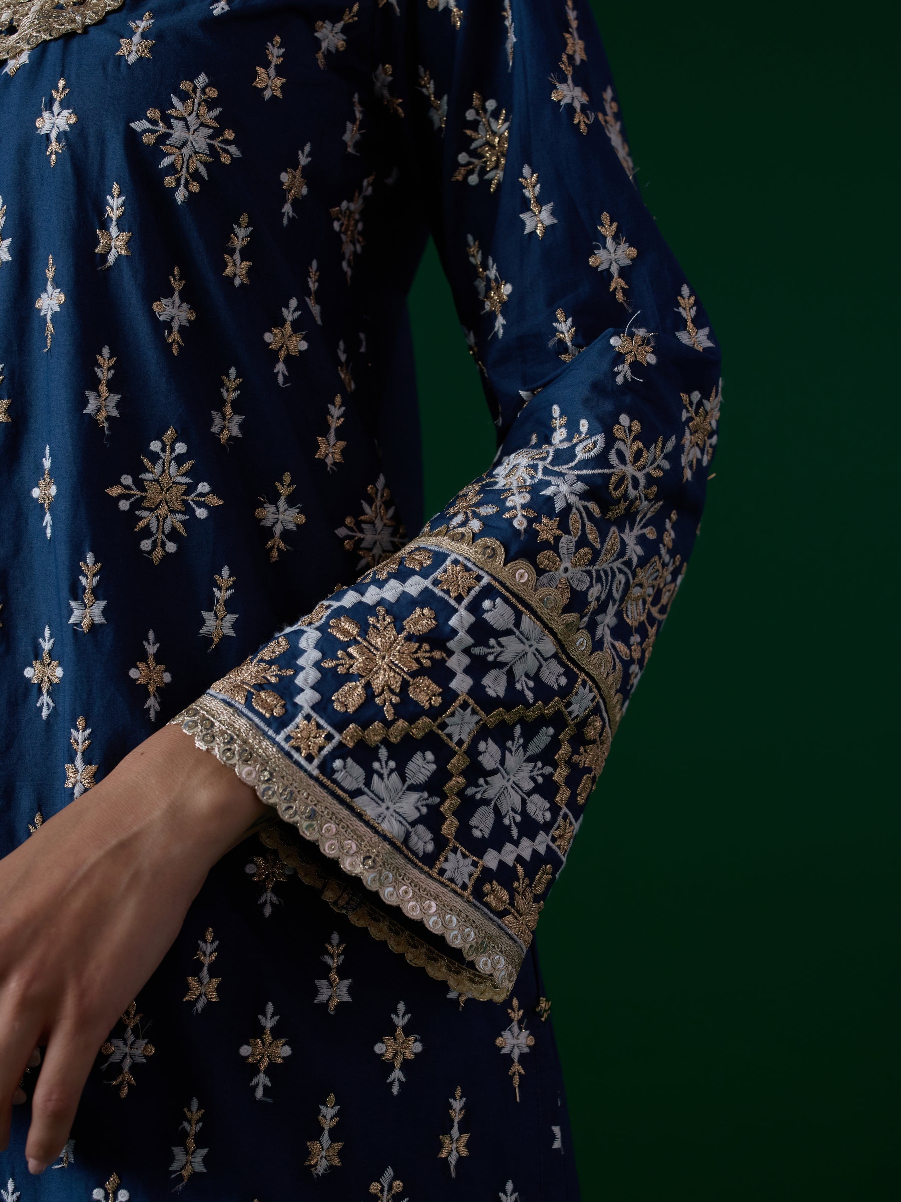 Kalander Pima Satin Navy Kurta Set