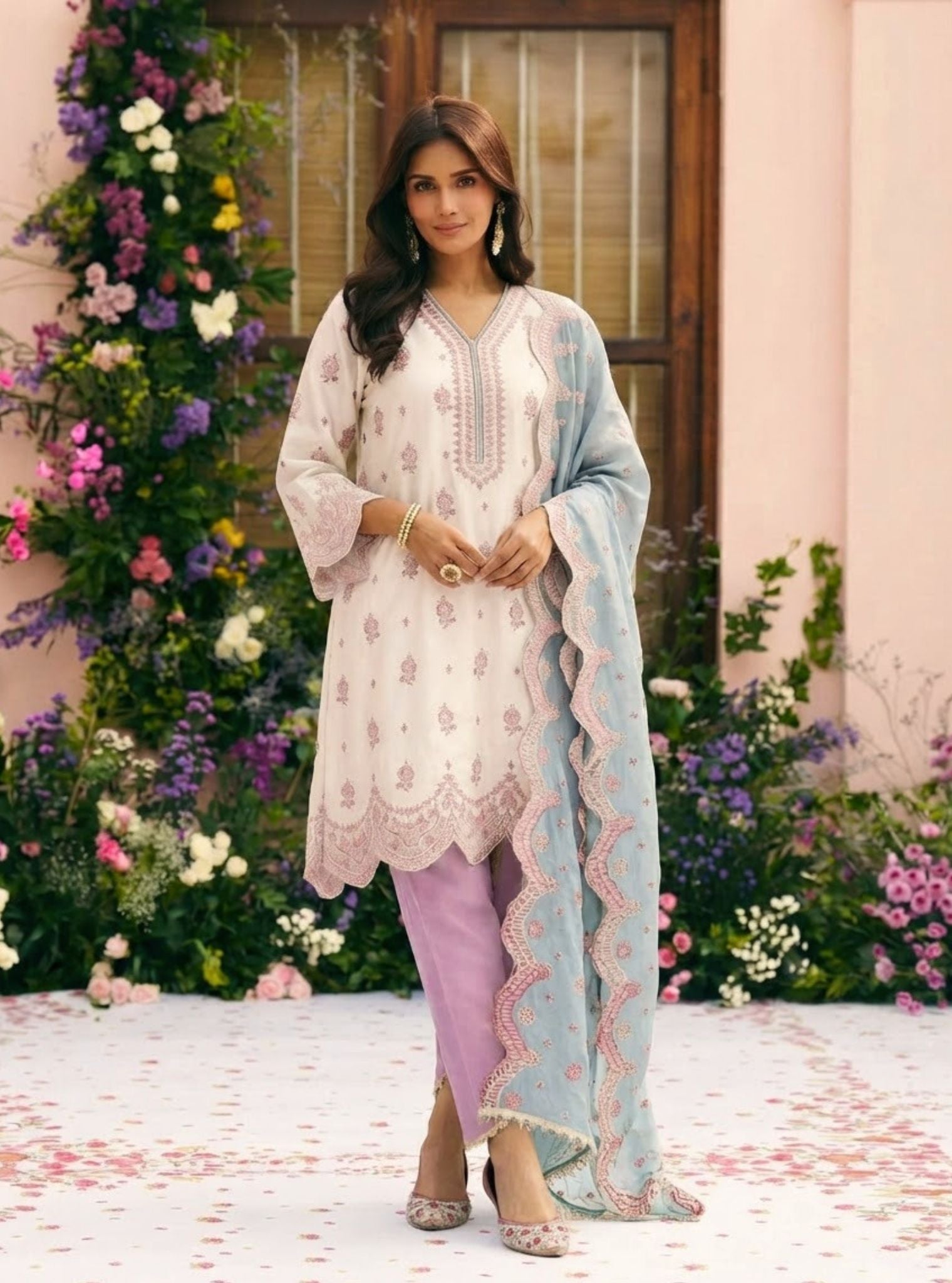 Phulkari Cupro Satin White Kurta Set