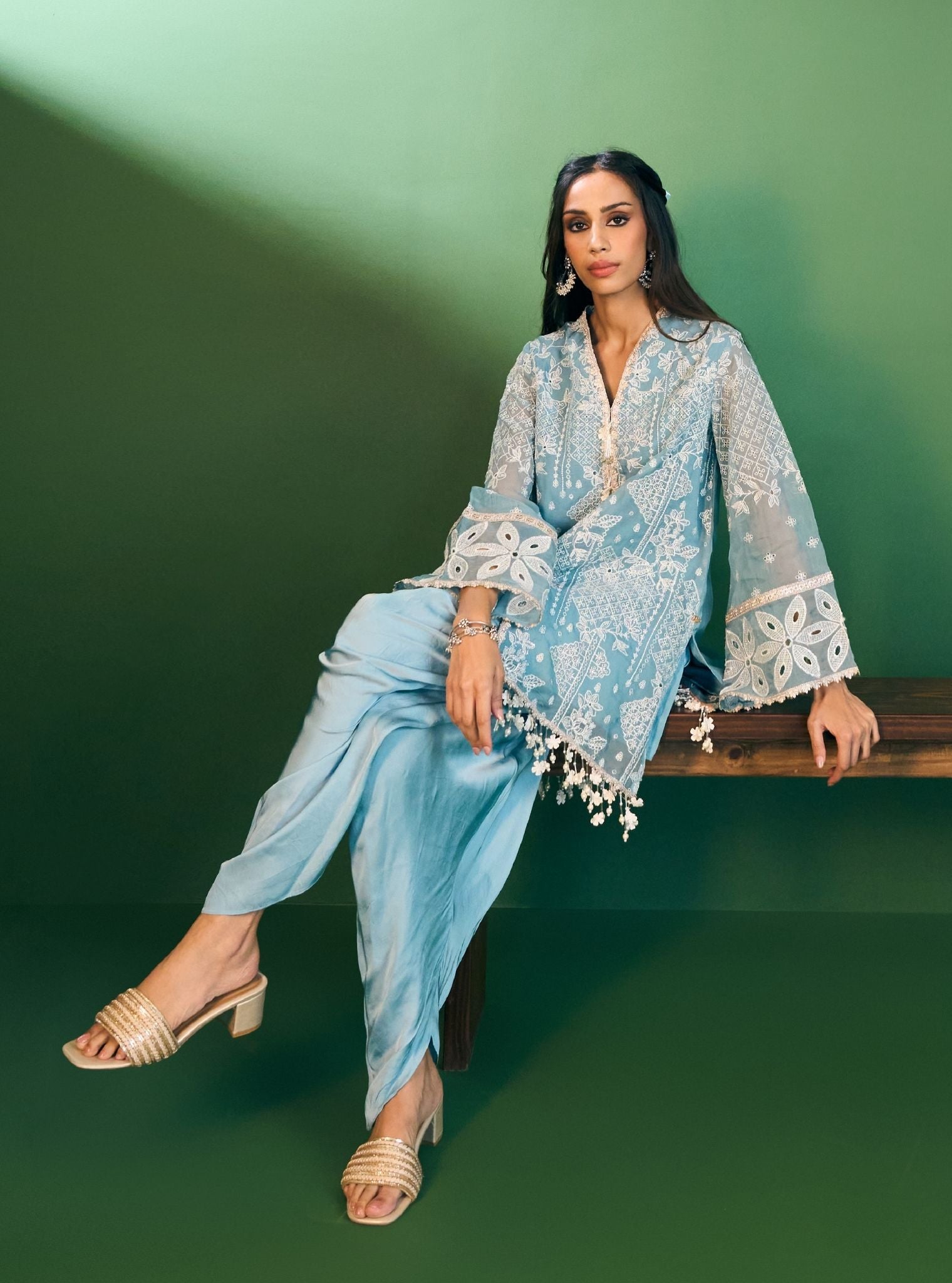 Riyana Organza Sky Blue Kurta with Pima Satin Sky Blue Pant Set