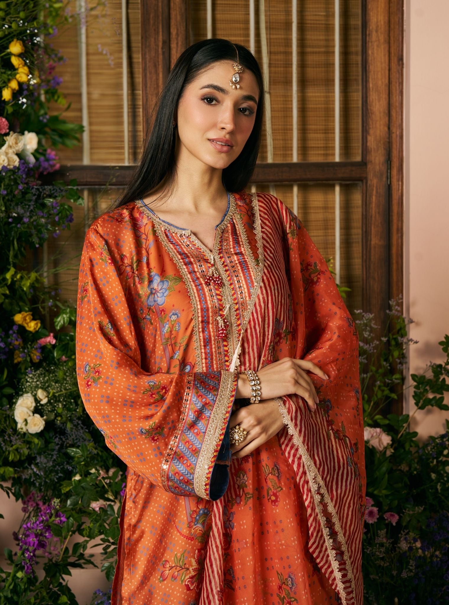 Akshi Cupro Satin Printed Orange Kurta Set