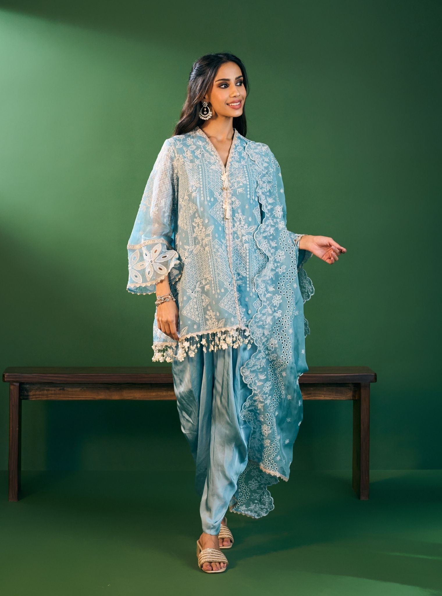 Riyana Organza Sky Blue Kurta with Pima Satin Sky Blue Pant Set