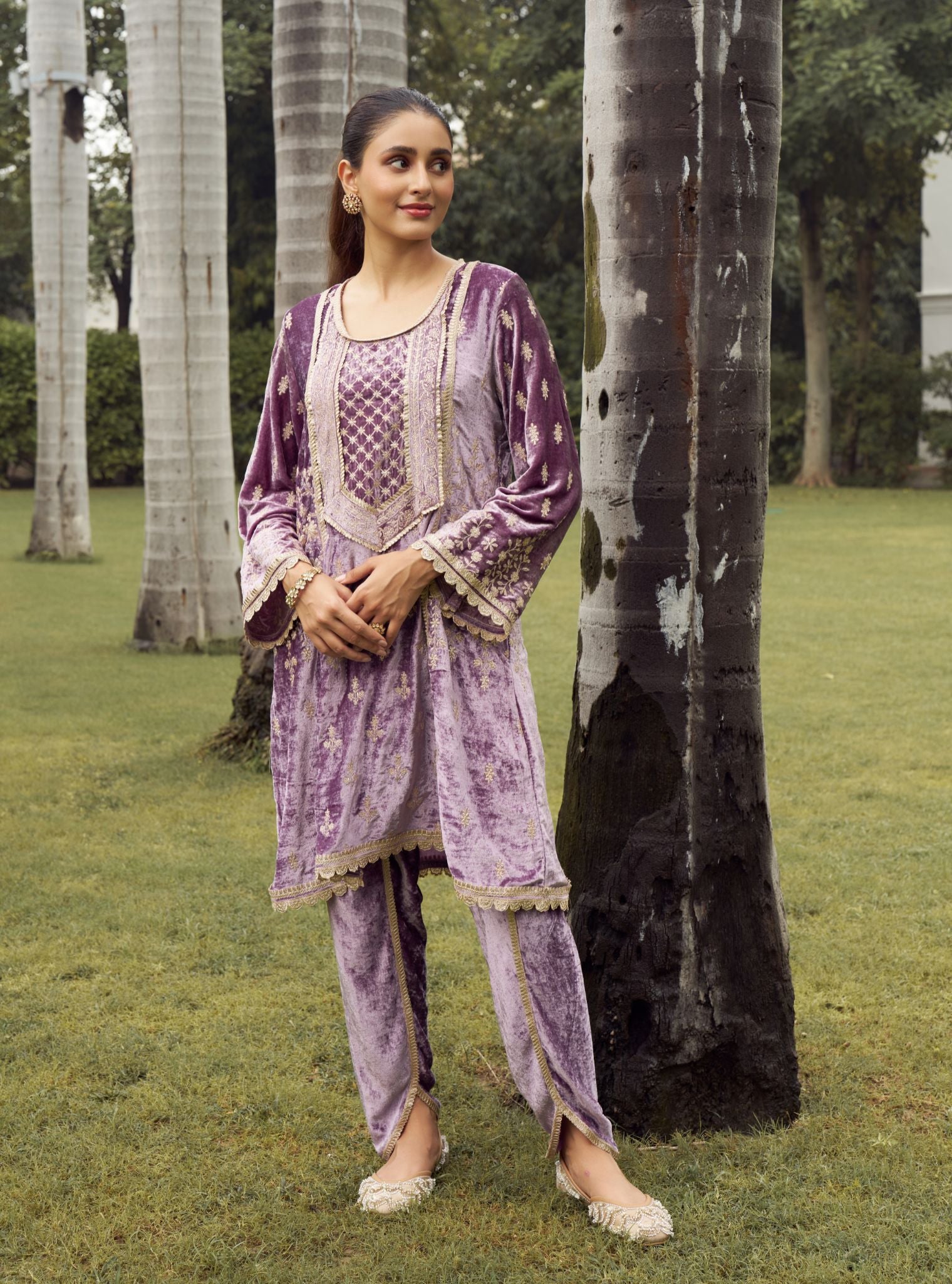 Shayari Velvet Lavender Kurta with Dhoti Pant Set