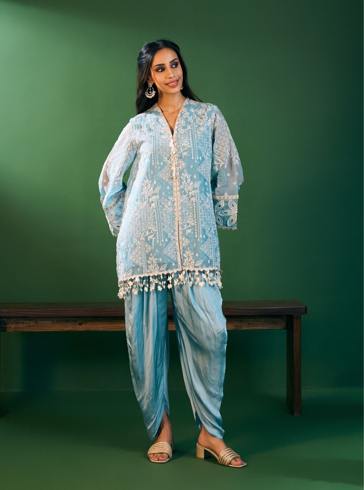 Riyana Organza Sky Blue Kurta with Pima Satin Sky Blue Pant Set