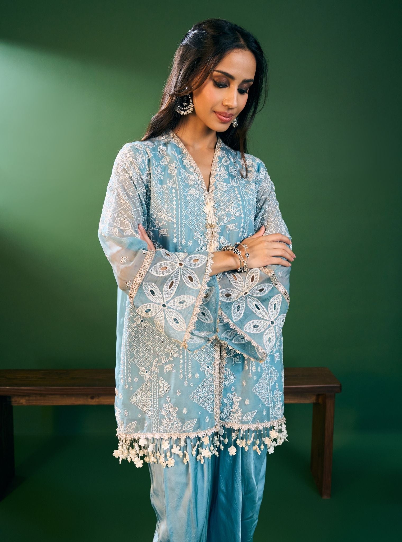 Riyana Organza Sky Blue Kurta with Pima Satin Sky Blue Pant Set