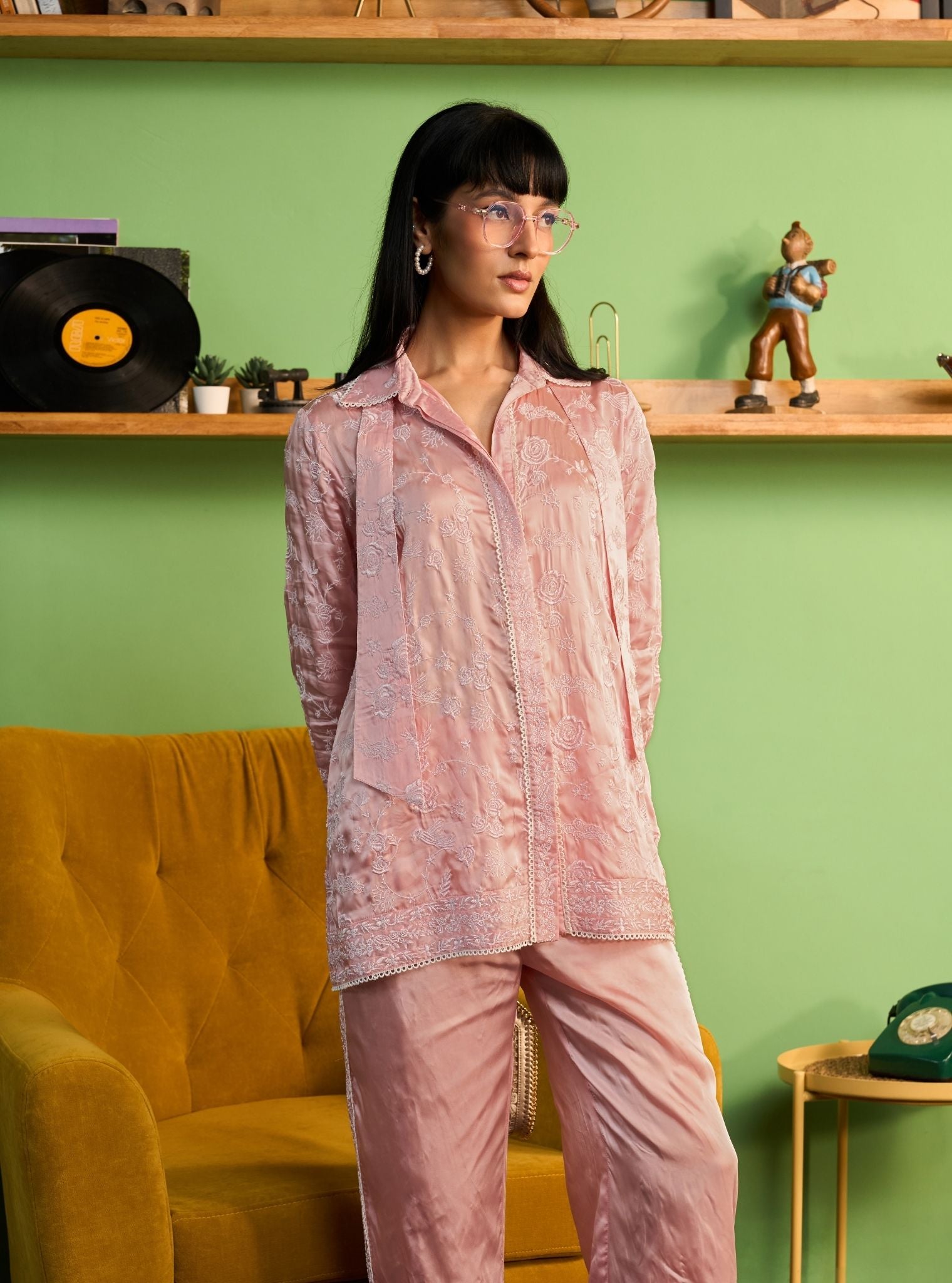 Zuvina Cupro Satin Onion Pink Shirt Set