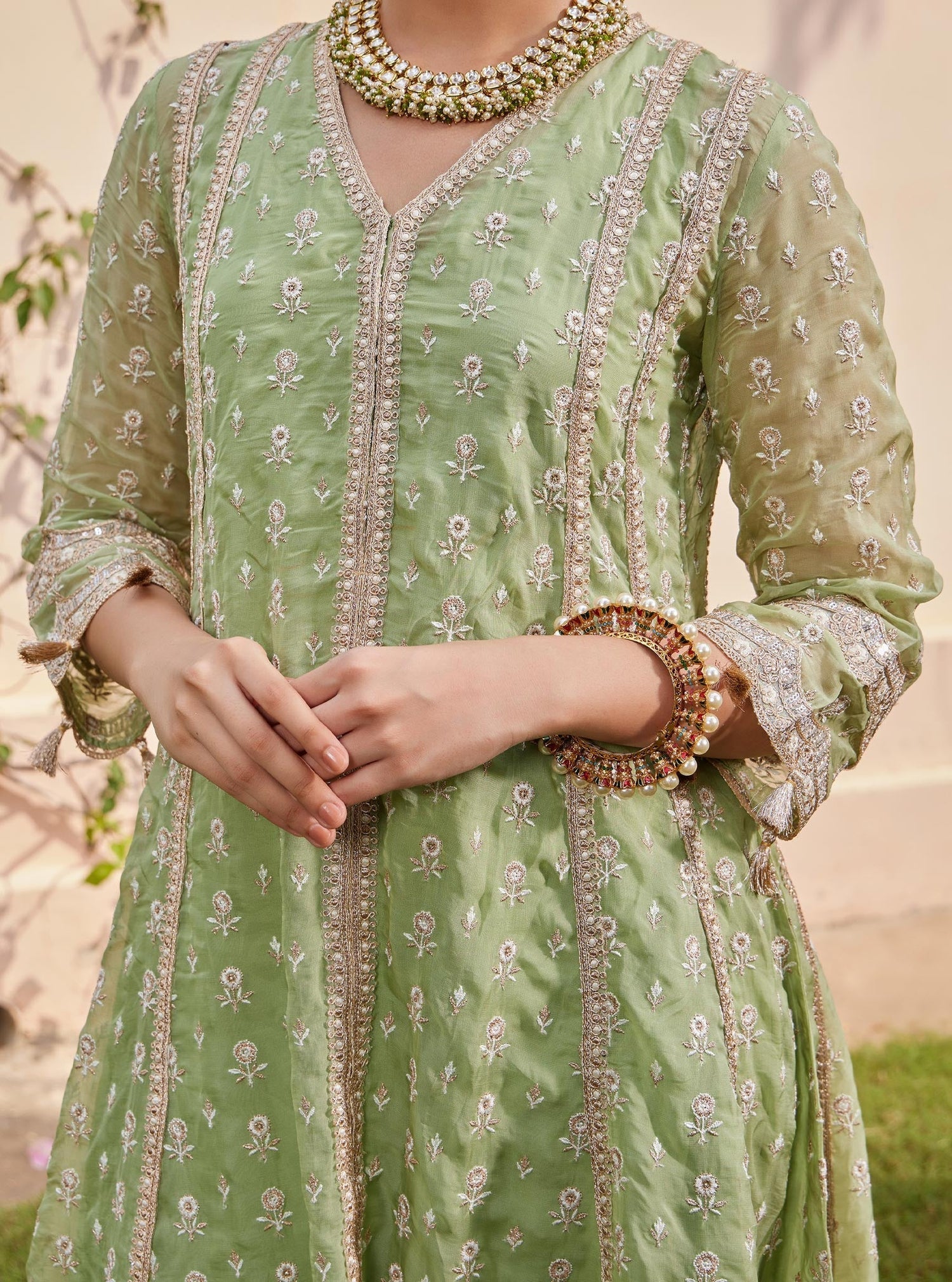 Mulmul Green Organza Destiny Kurta