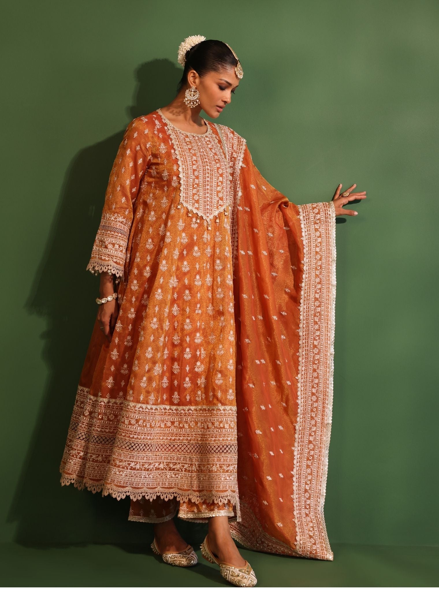 Mulmul Luxe Organza Jalwa Orange Anarkali Kurta With Mulmul Luxe Organza Jalwa Orange Pant