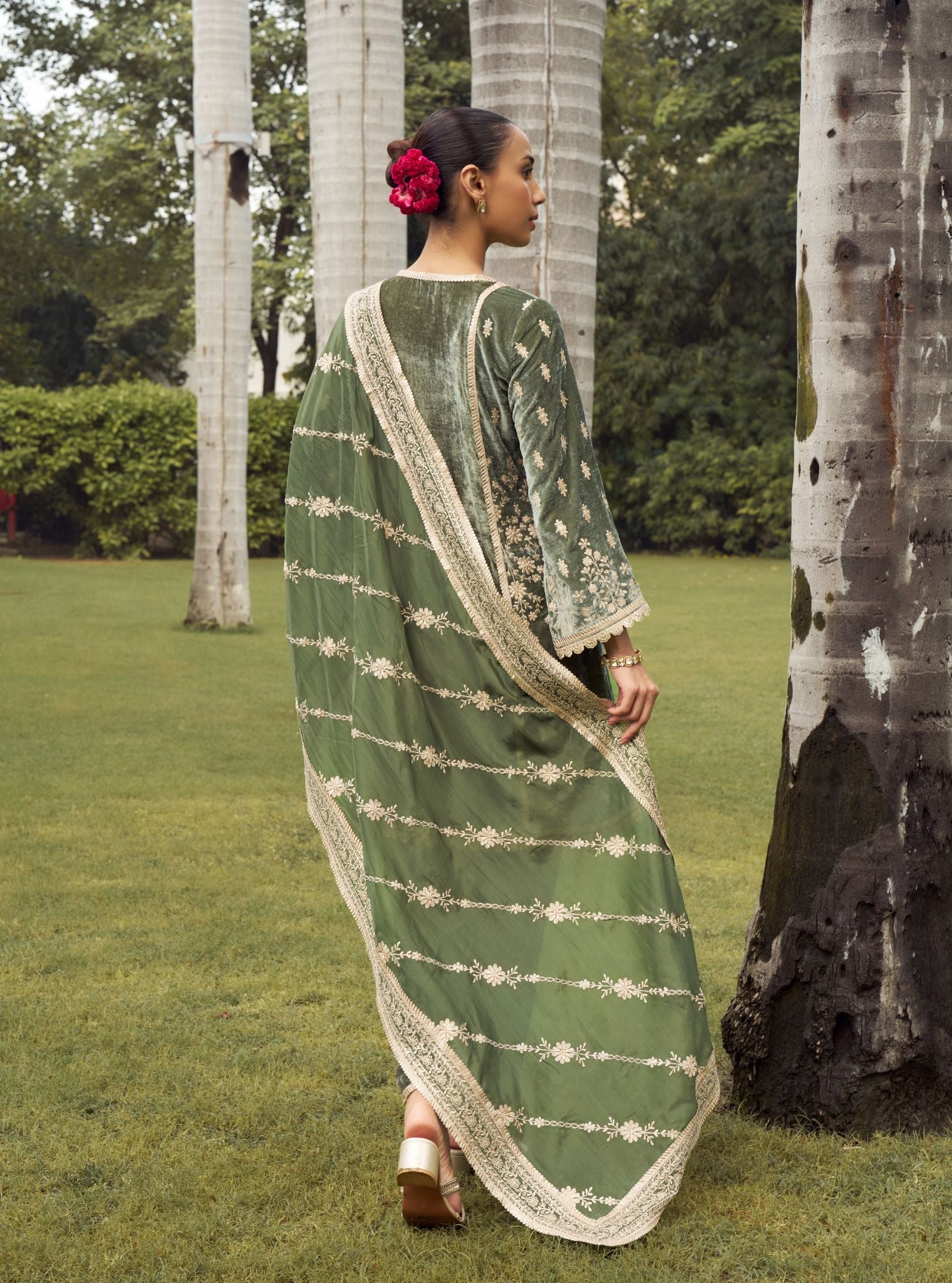 Shayari Velvet Olive Green Kurta with Dhoti Pant Set