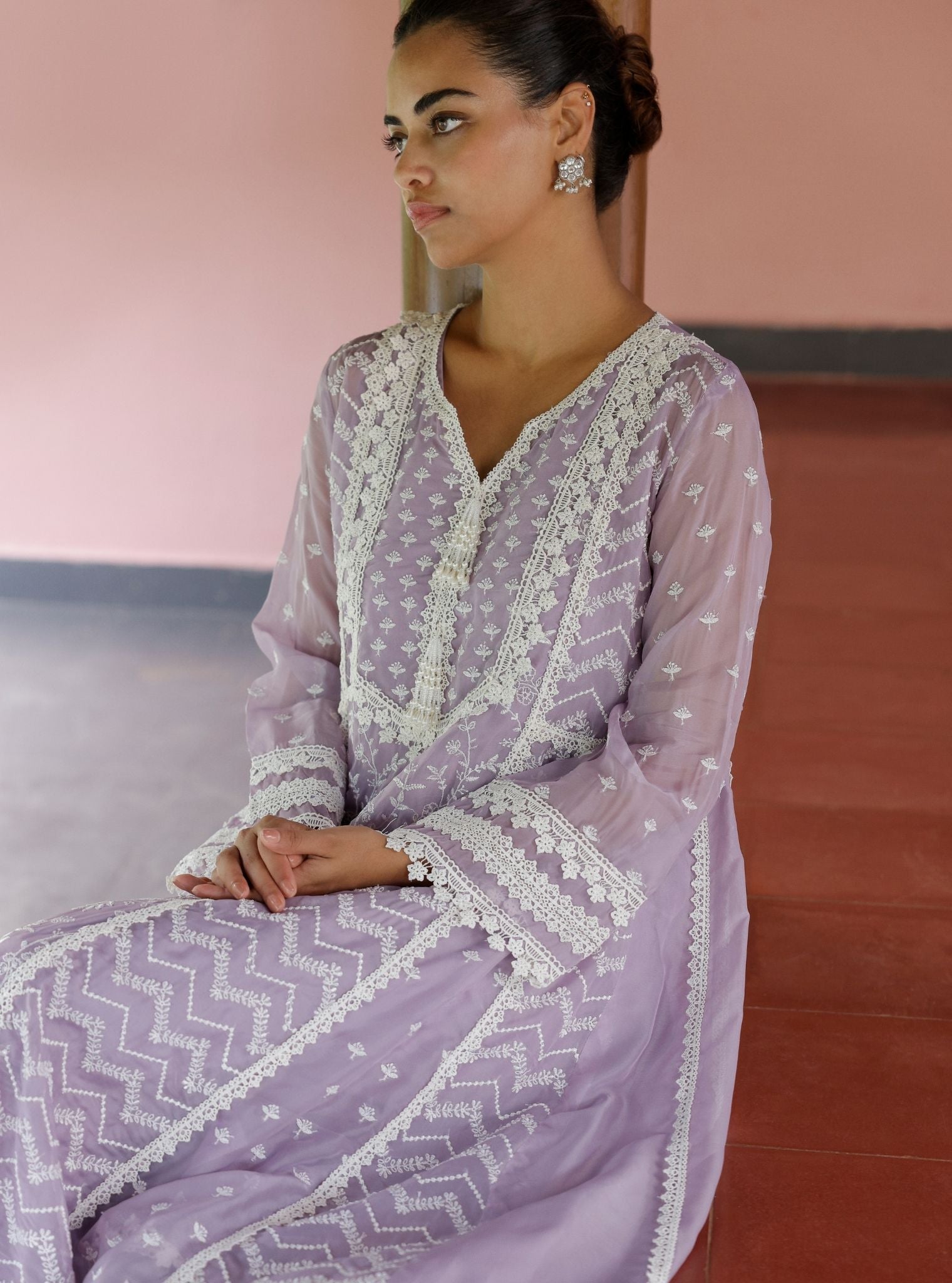 Mulmul Organza Keerth Lavender Anarkali Kurta With Mulmul Cotton Keerth Lavender Pant