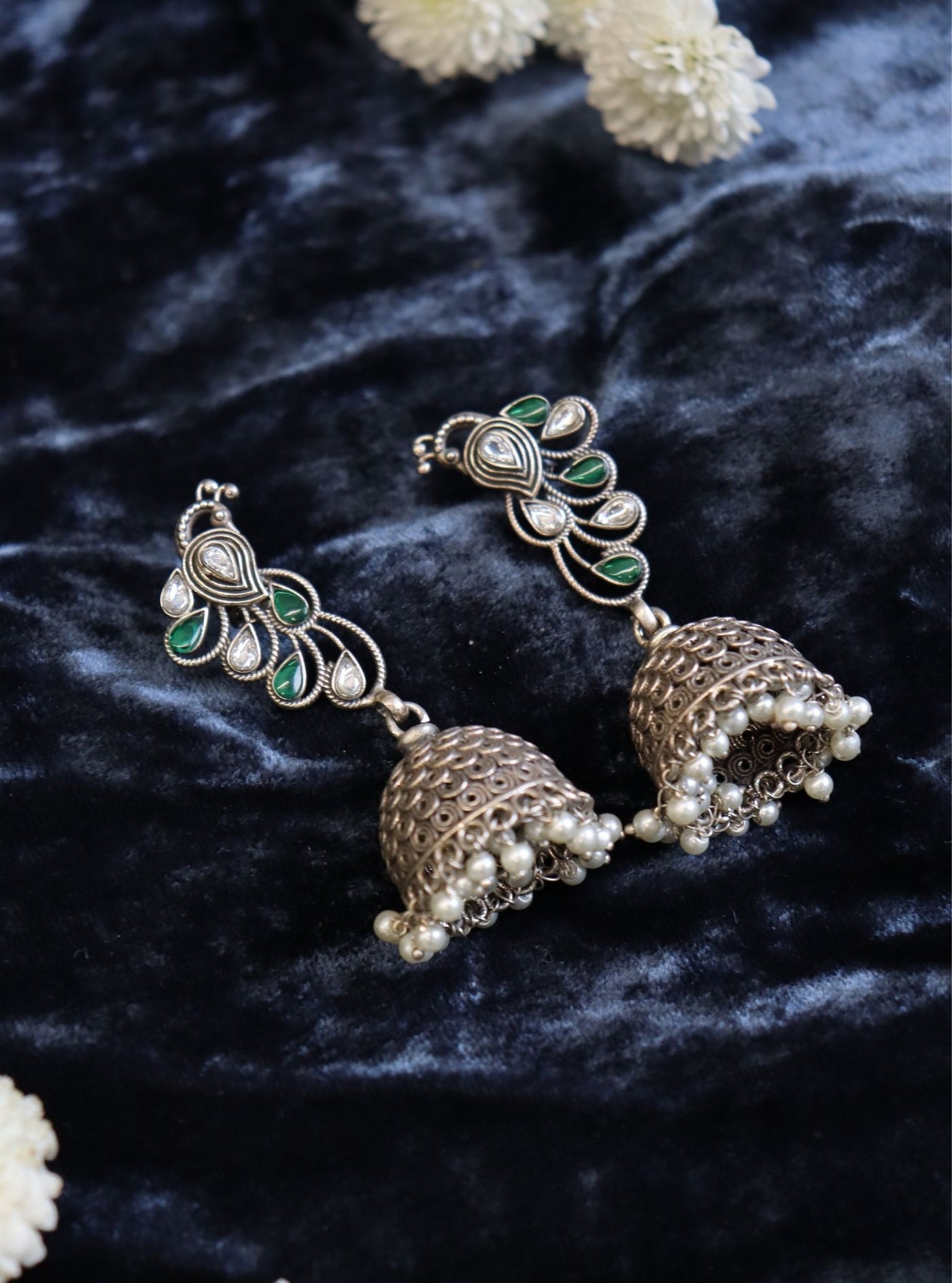 Pure Silver Peacock tribal leaf jhumka