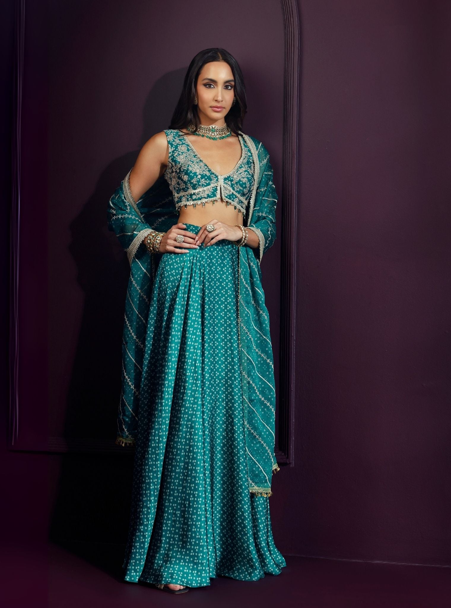 Kuni Cupro Satin Printed Emerald Green Skirt