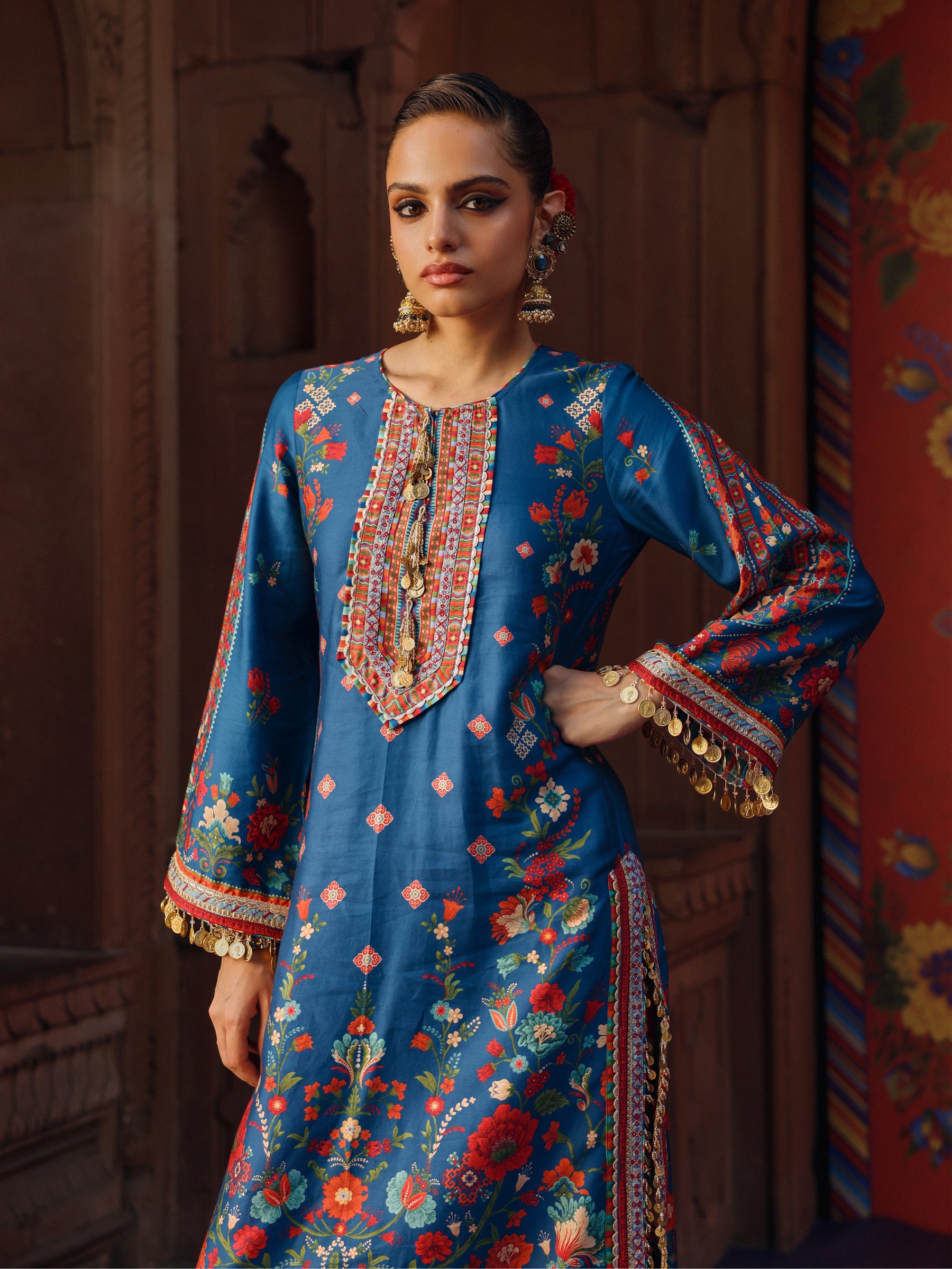 Sangi Pima Satin Printed Navy Long Kurta Set