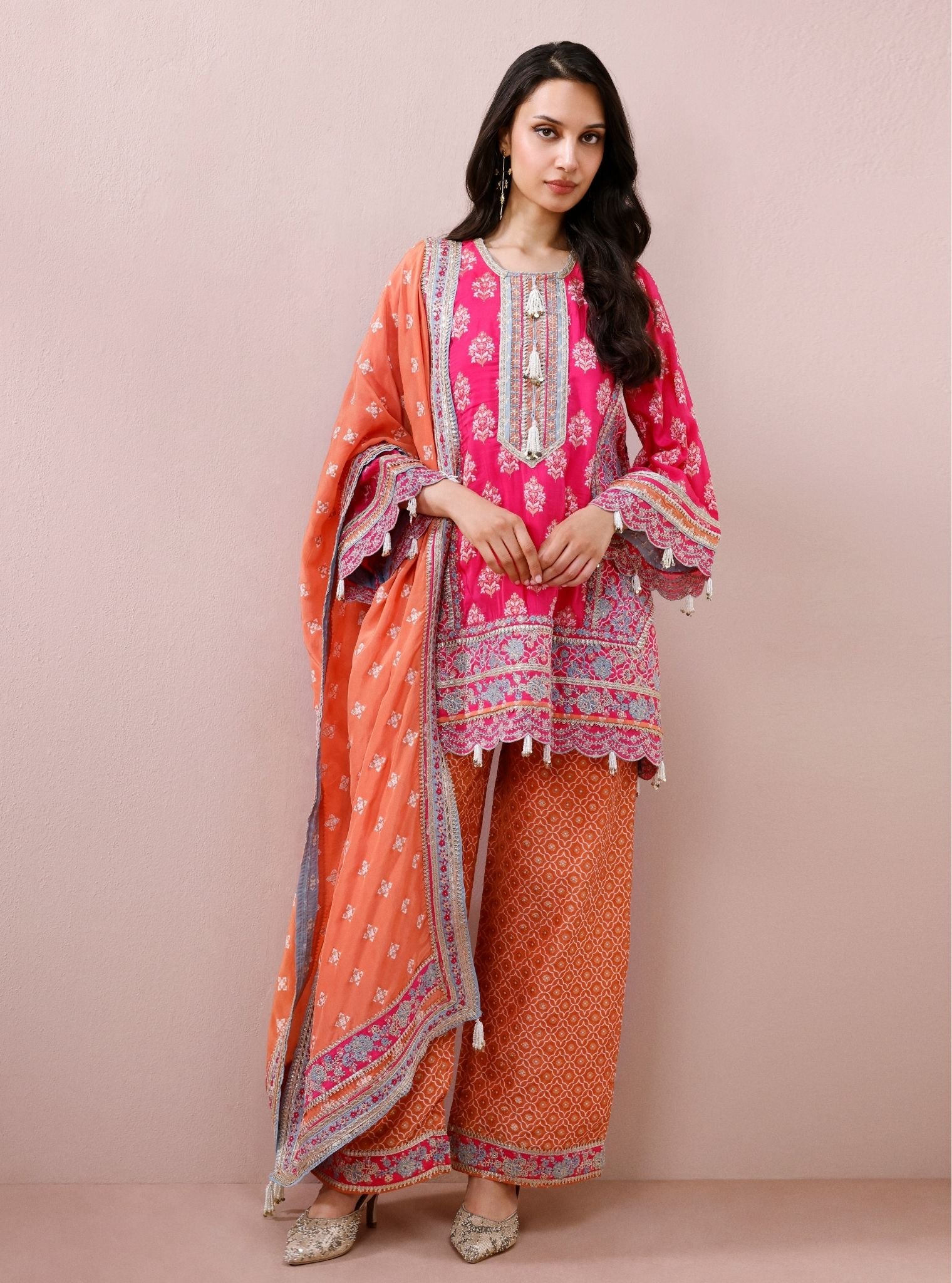 Nami Banarsi Fuchsia Short Kurta with Wide Pants
