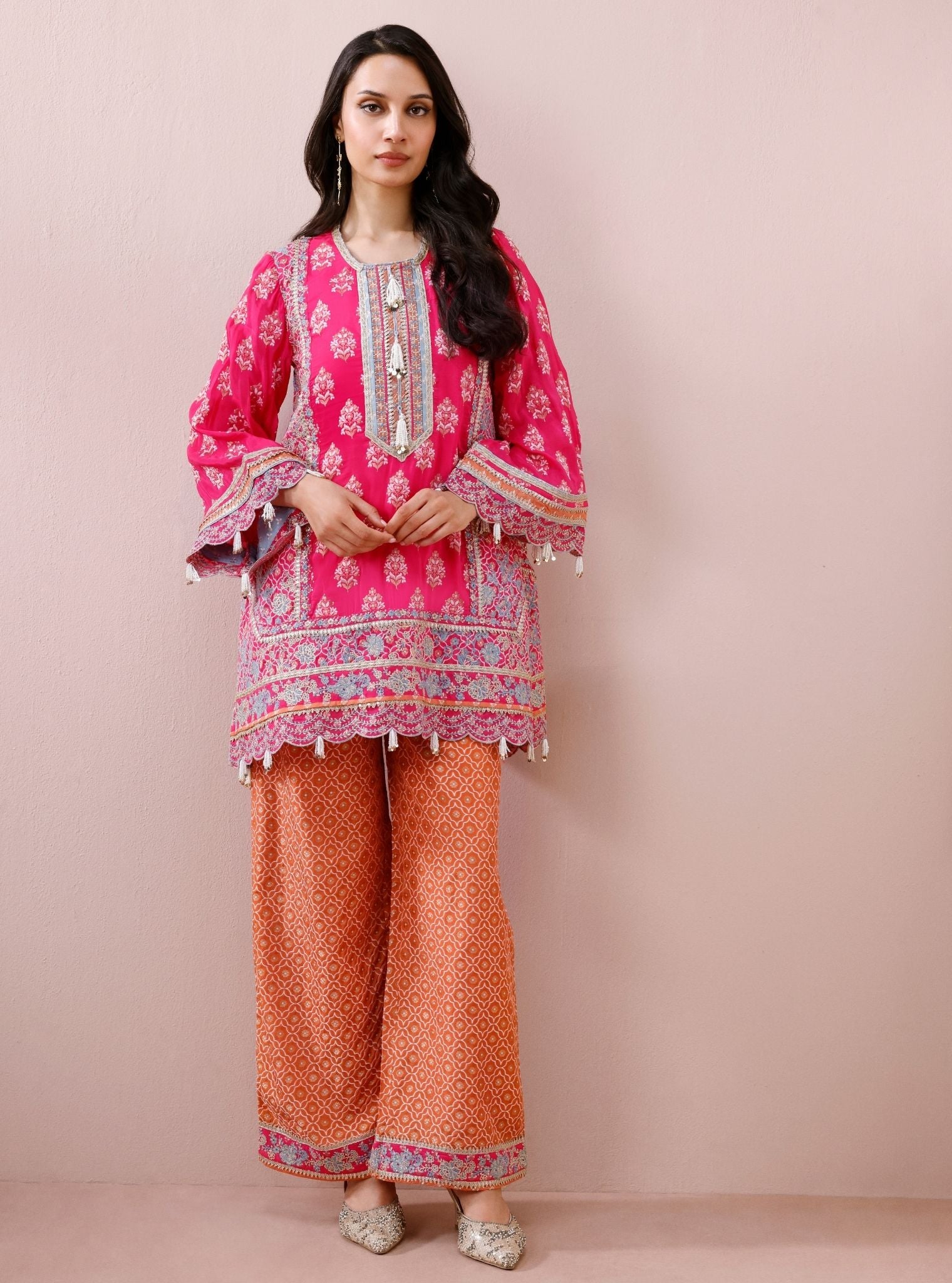 Nami Banarsi Fuchsia Short Kurta with Wide Pants