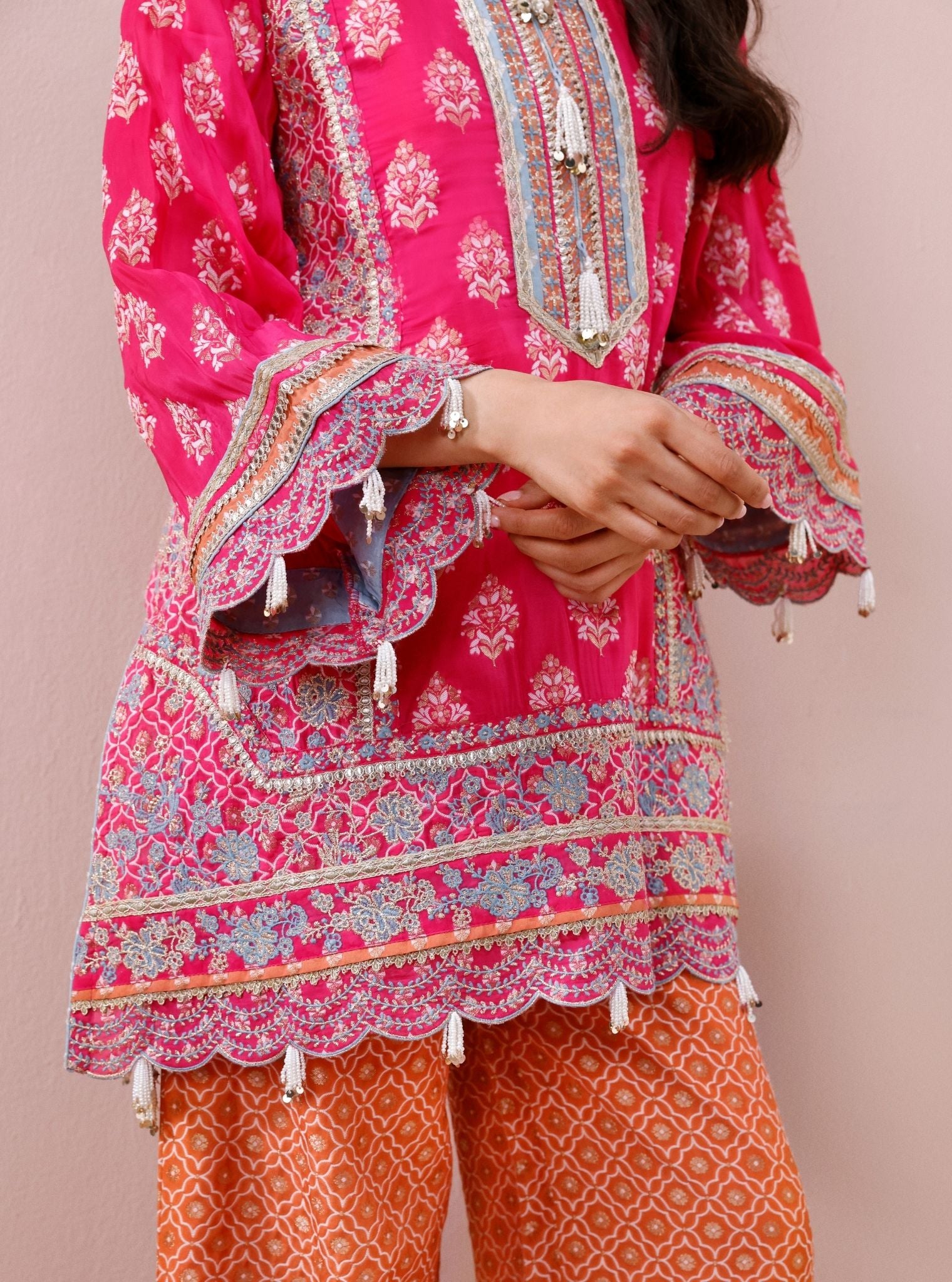 Nami Banarsi Fuchsia Short Kurta with Wide Pants