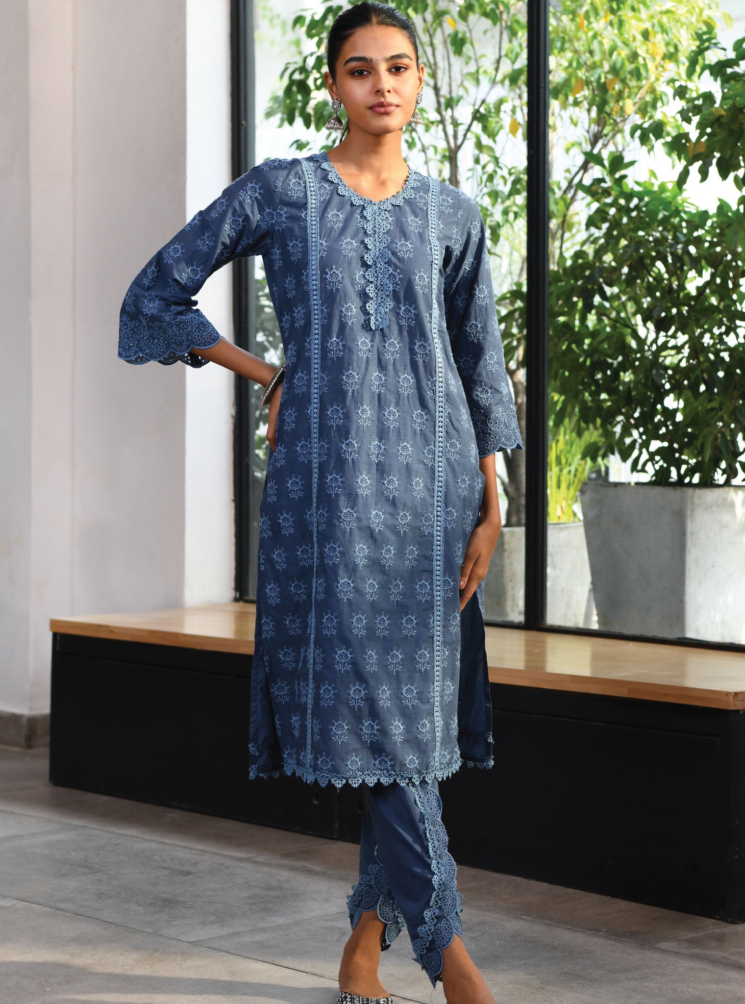 Mulmul Cotton Swansea Navy Kurta With Swansea Navy Dhoti Pant