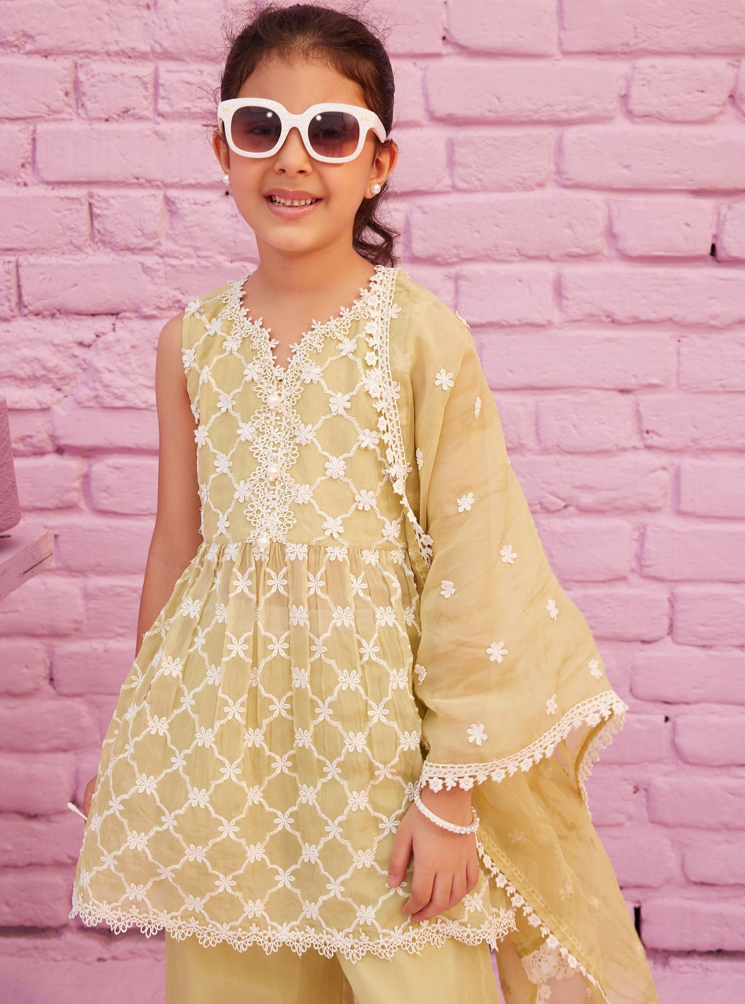 Mulmul Organza Melati Lime Green Kurta With Mulmul Organza Melati Lime Green Pant