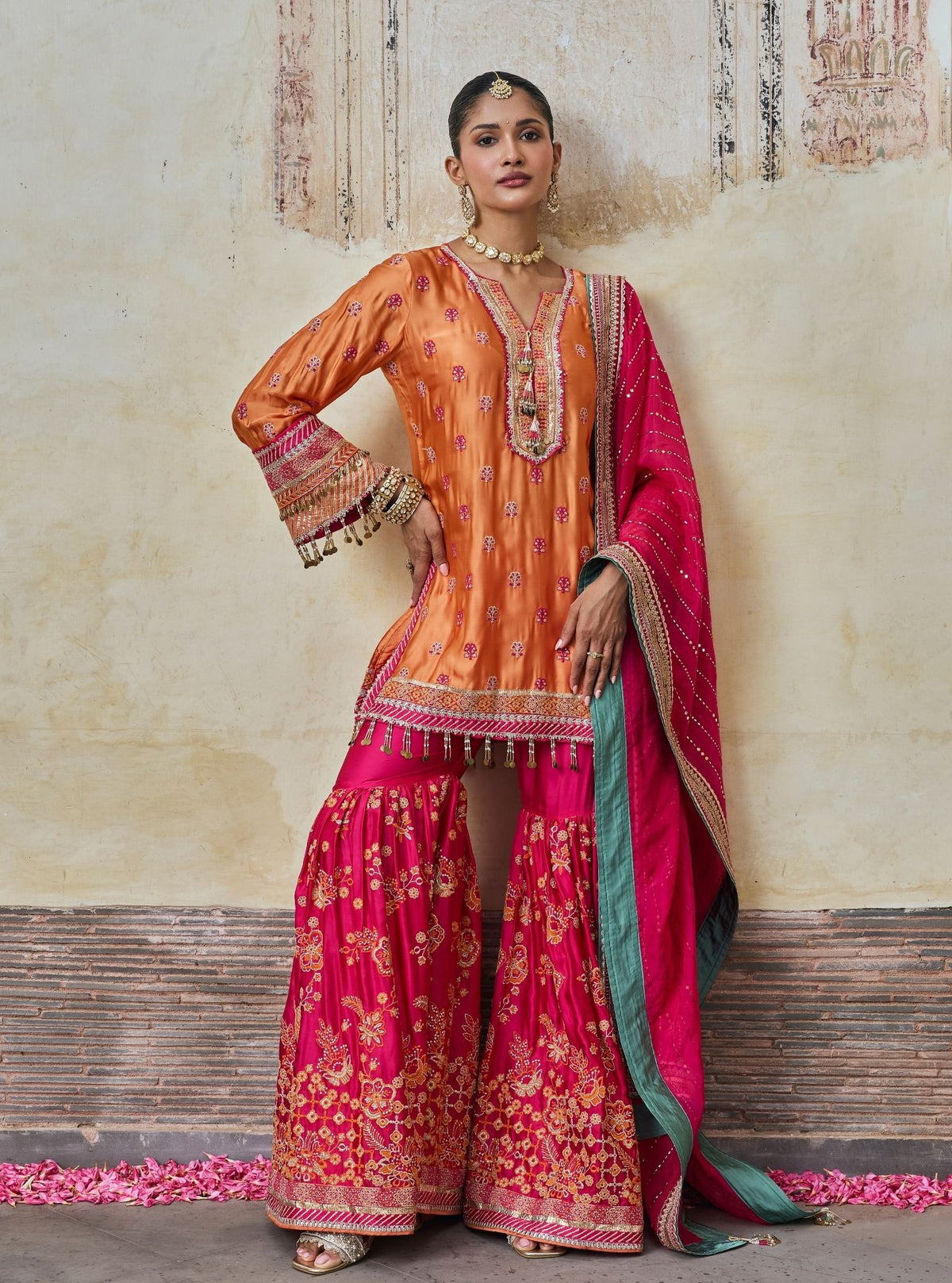 Surkhi Cupro Satin Orange Kurta with Garara