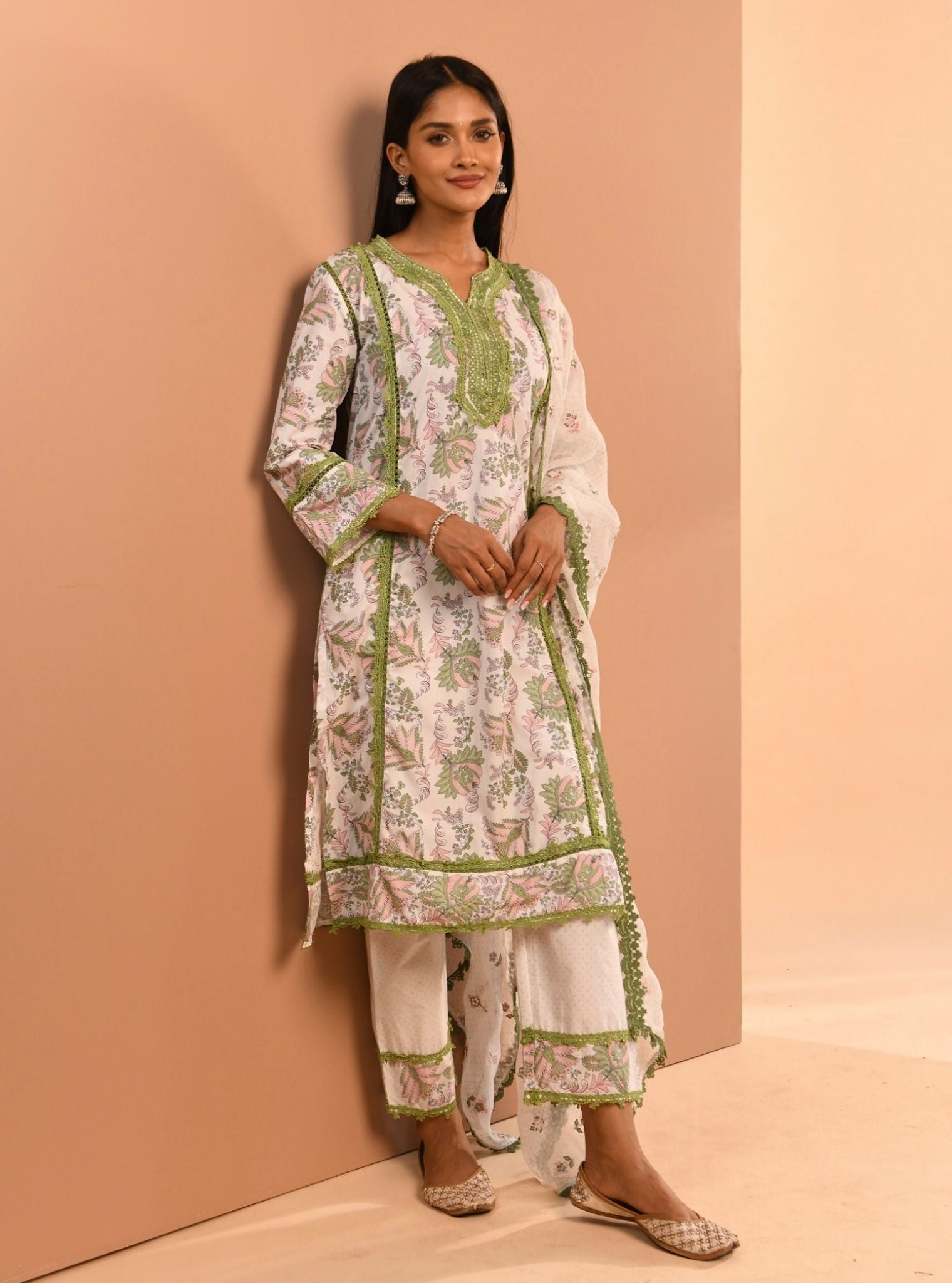 Mulmul Cotton Esti Green Kurta With Mulmul Esti Green Pant