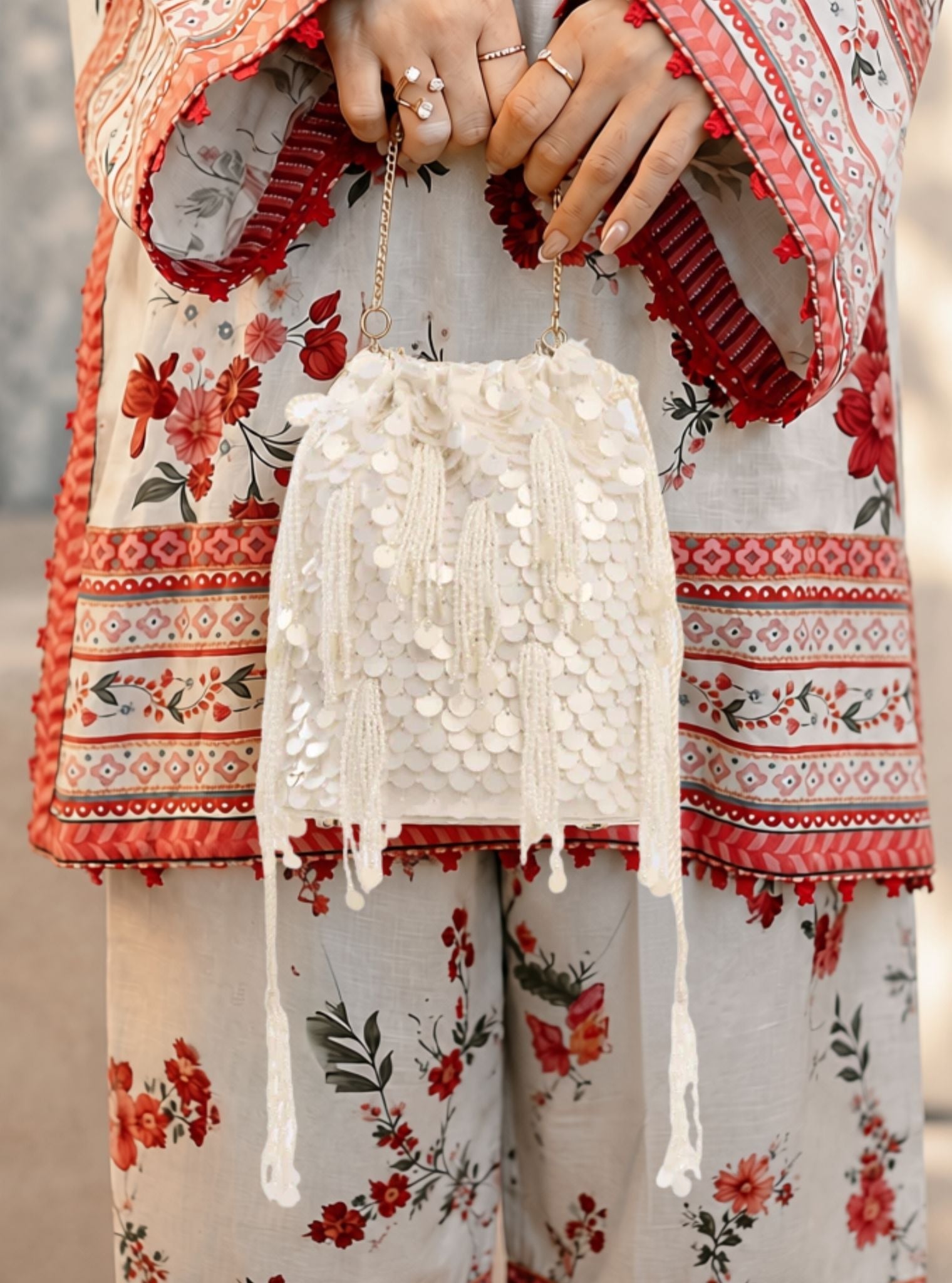 Snowdrop White Tassel Potli Bag