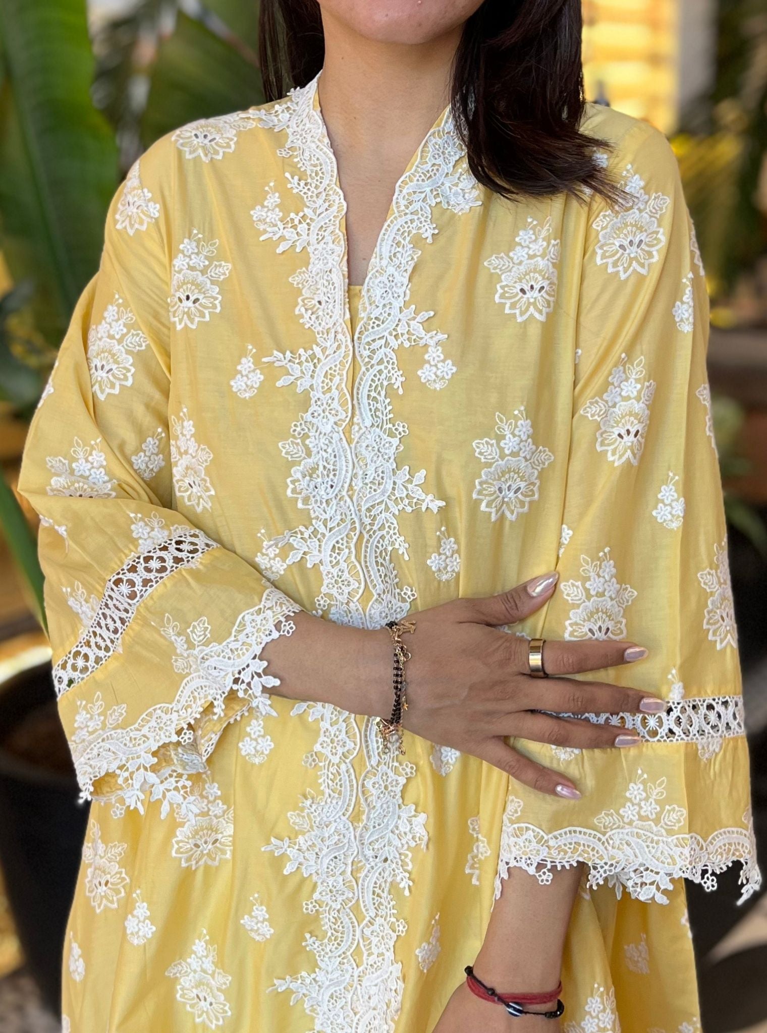 Mulmul Cotton Esteve Yellow Kurta With Mulmul Cotton Inverted V Hem White Pant