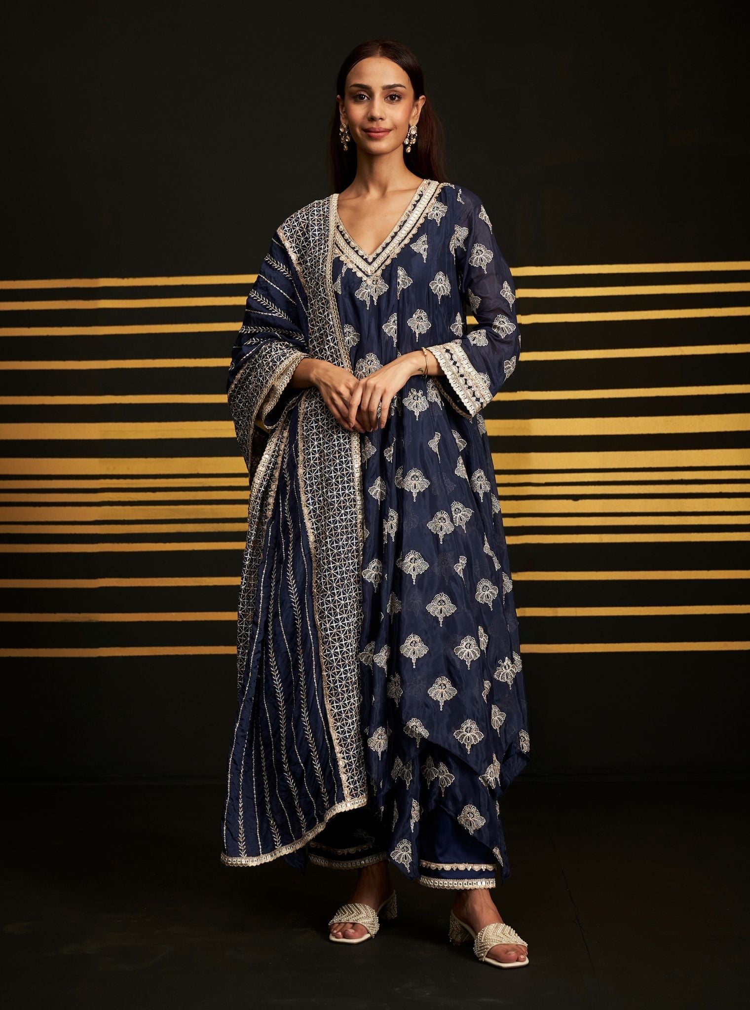 Mulmul HO Silk Ibadat Navy Kurta With Mulmul Pima Satin Ibadat Navy Pant