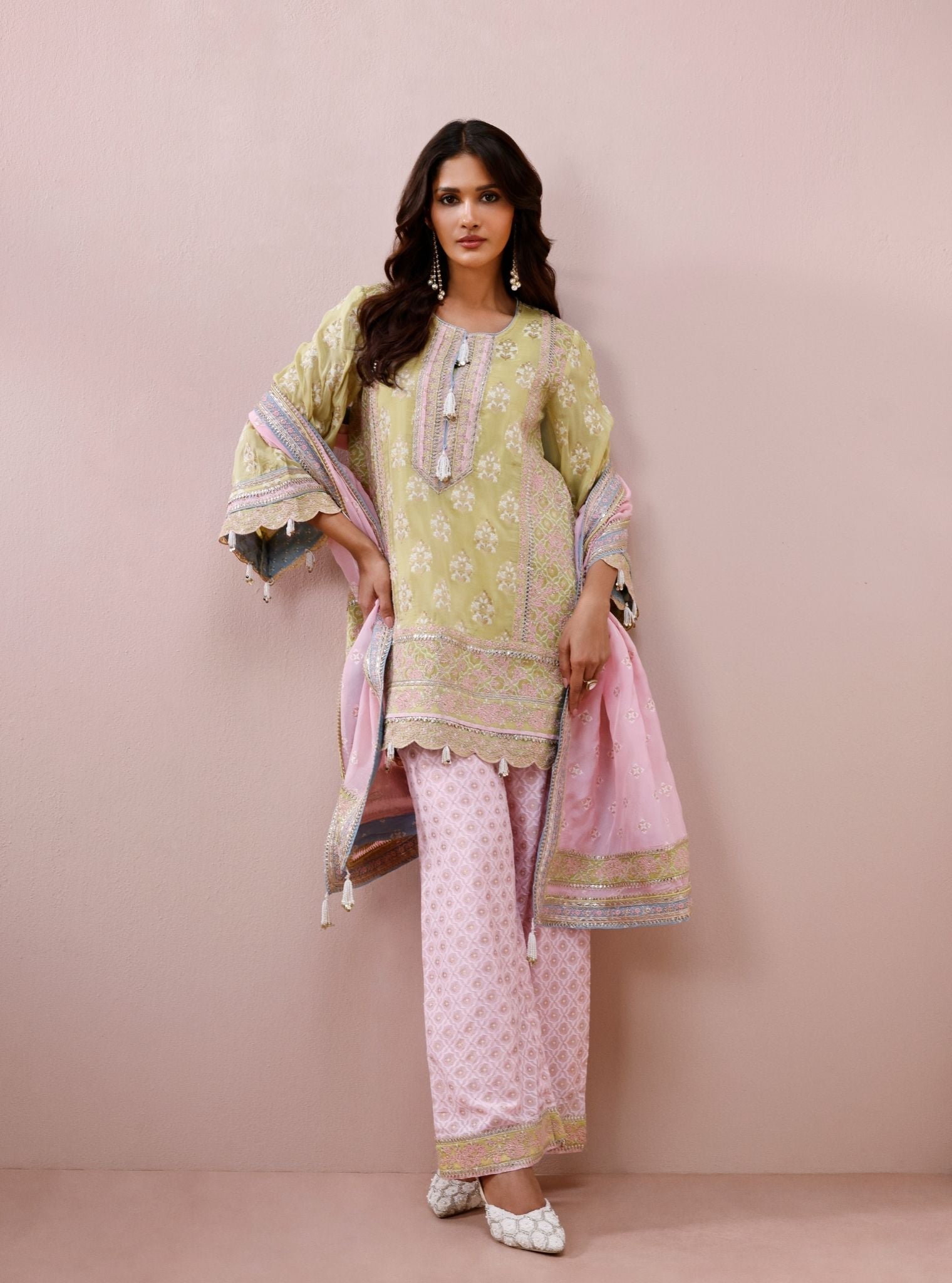Nami Banarsi Lime Short Kurta with Wide Pants
