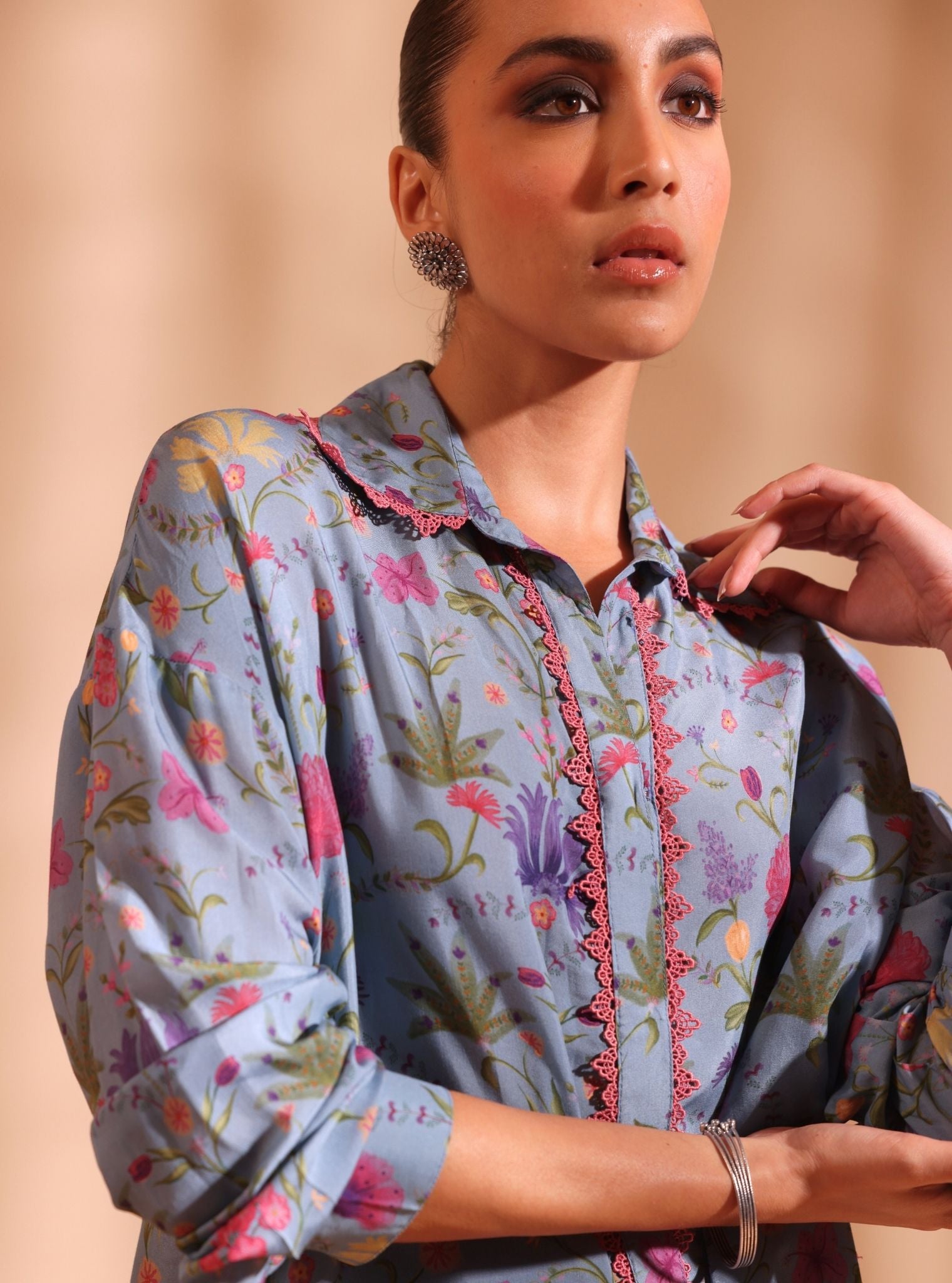 Mulmul Lawn Printed Sene Denim Kurta With Mulmul Lawn Printed Sene Denim Pant