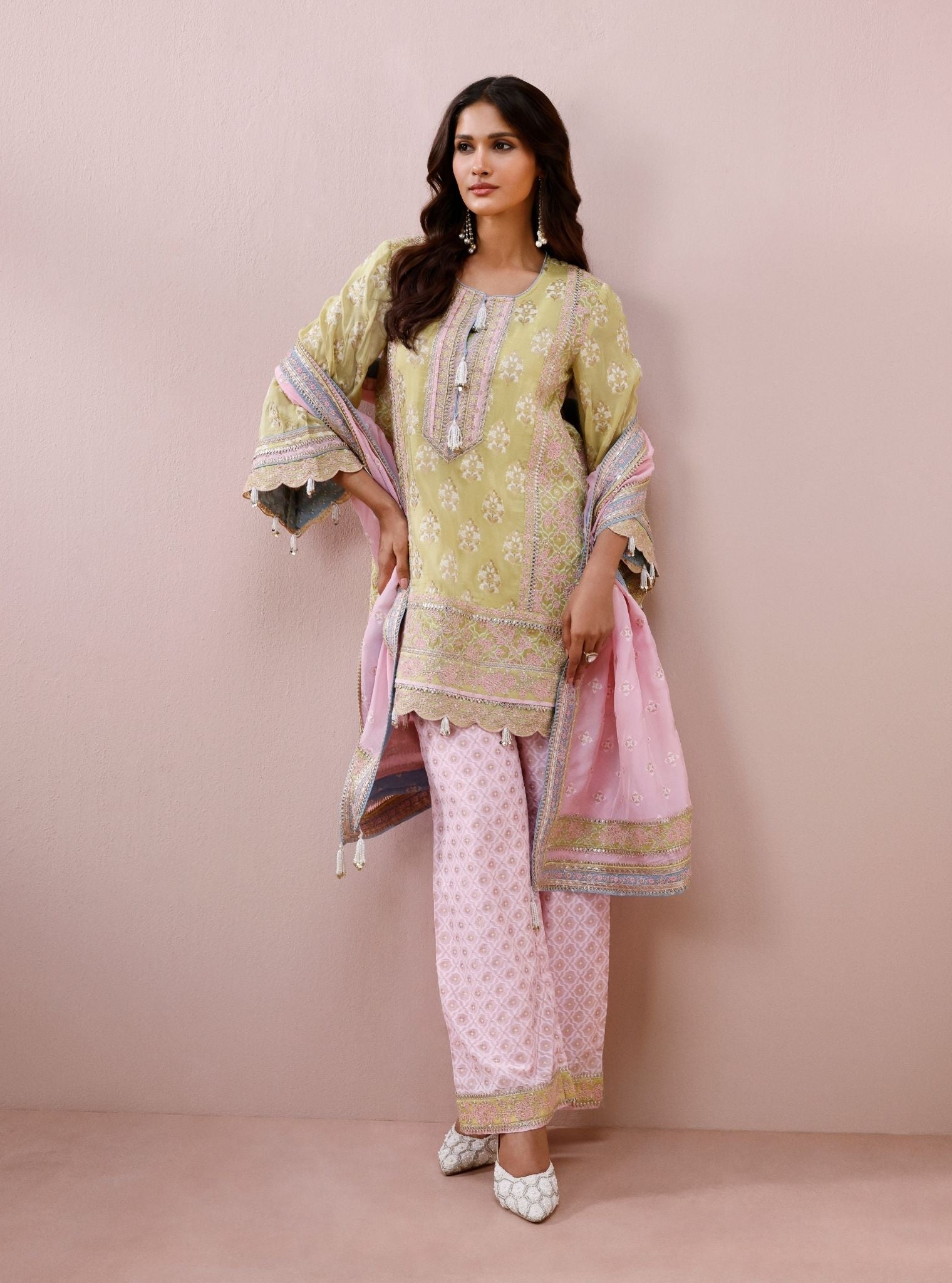 Nami Banarsi Lime Short Kurta with Wide Pants