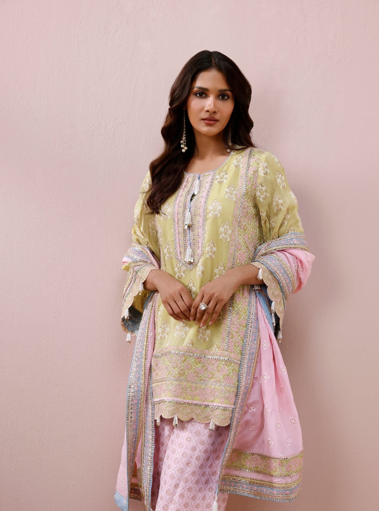 Nami Banarsi Lime Short Kurta with Wide Pants