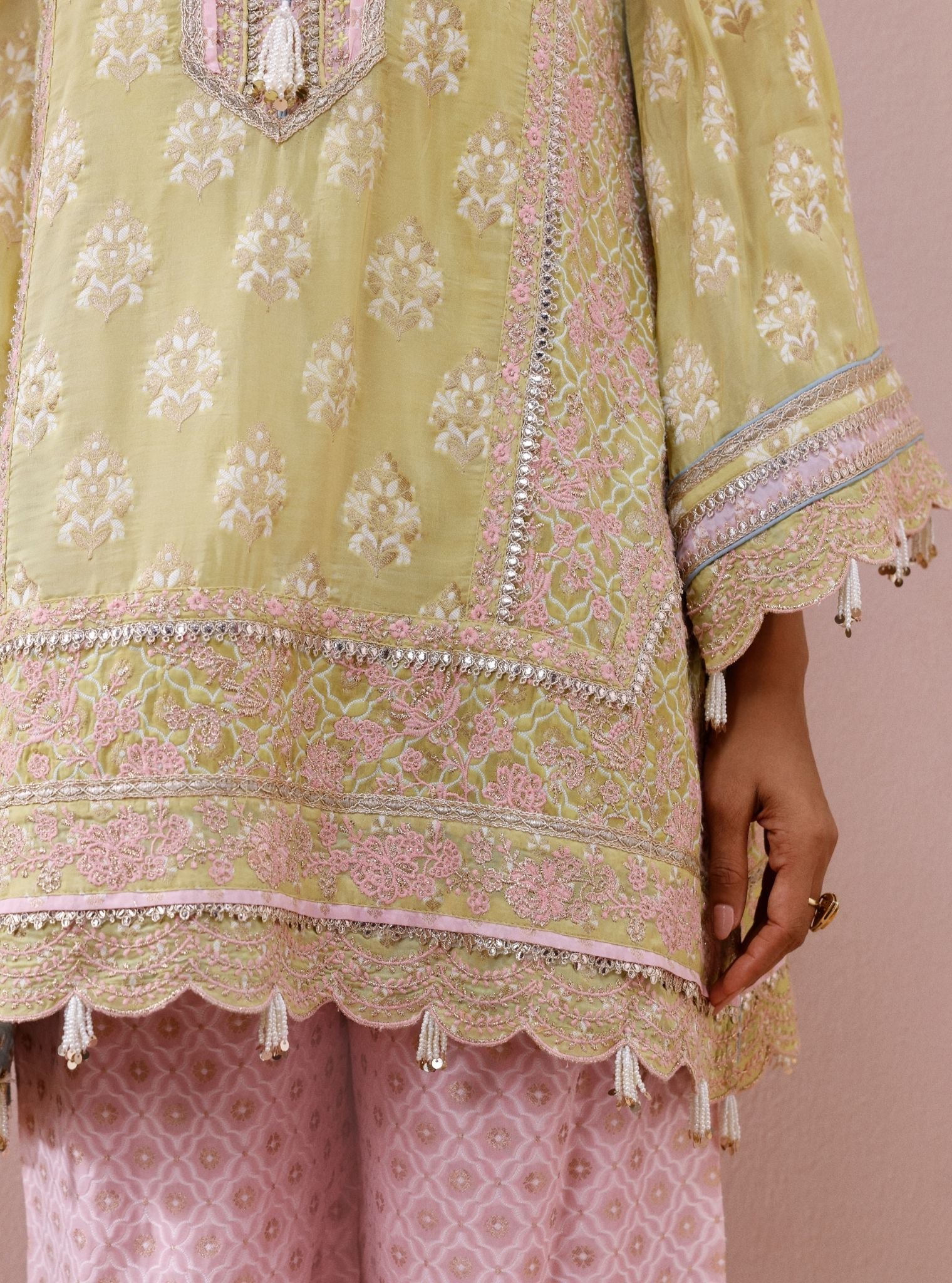 Nami Banarsi Lime Short Kurta with Wide Pants