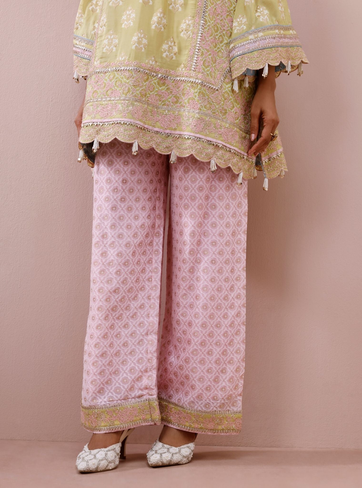 Nami Banarsi Lime Short Kurta with Wide Pants
