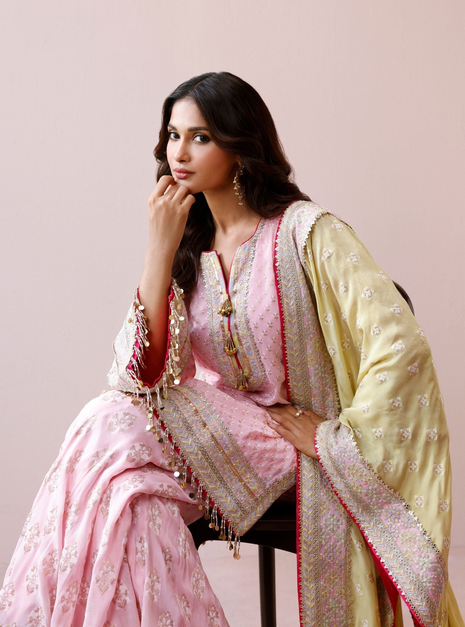 Nori Banarsi Pink Short Kurta with Sharara