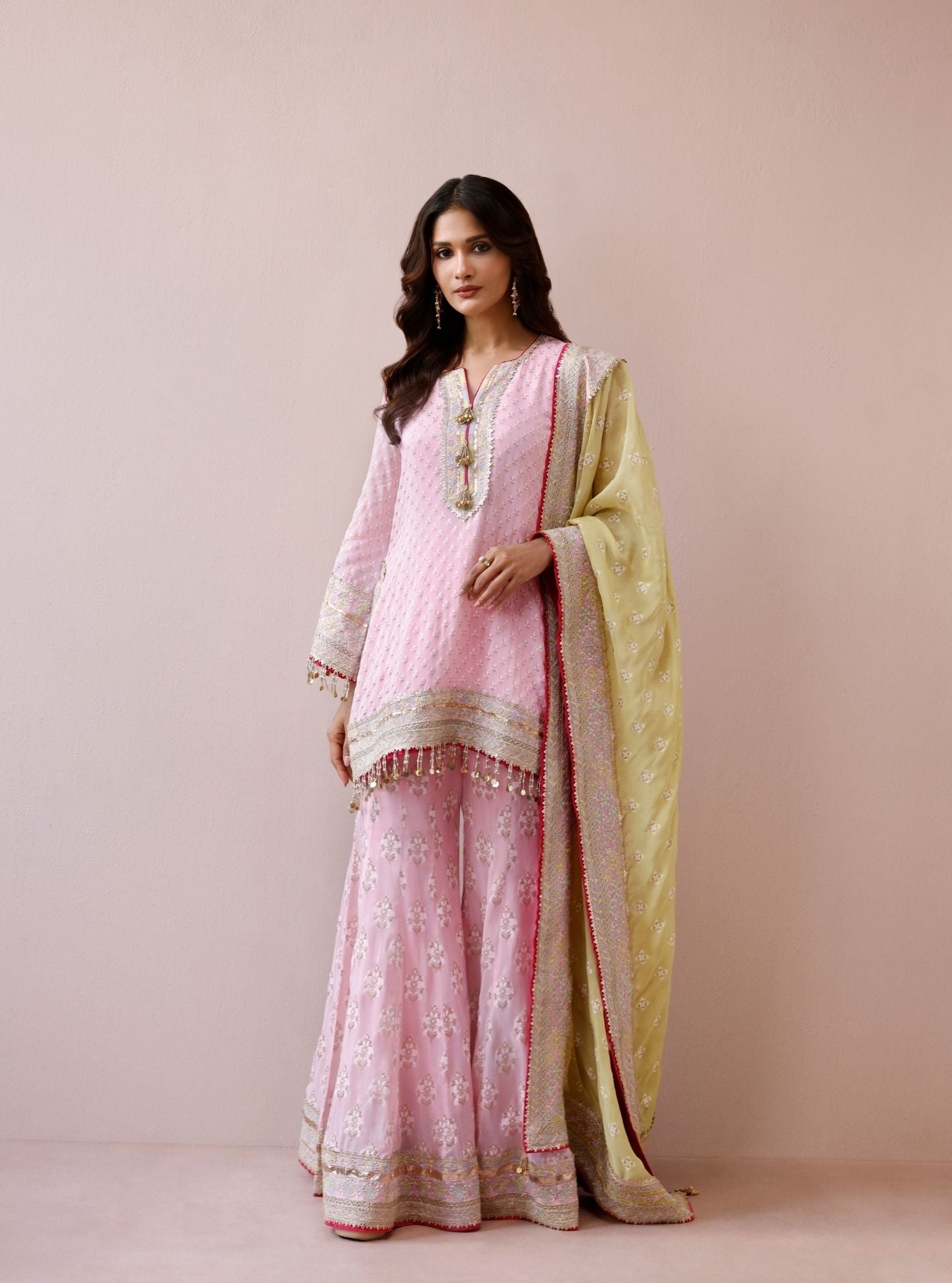 Nori Banarsi Pink Short Kurta with Sharara
