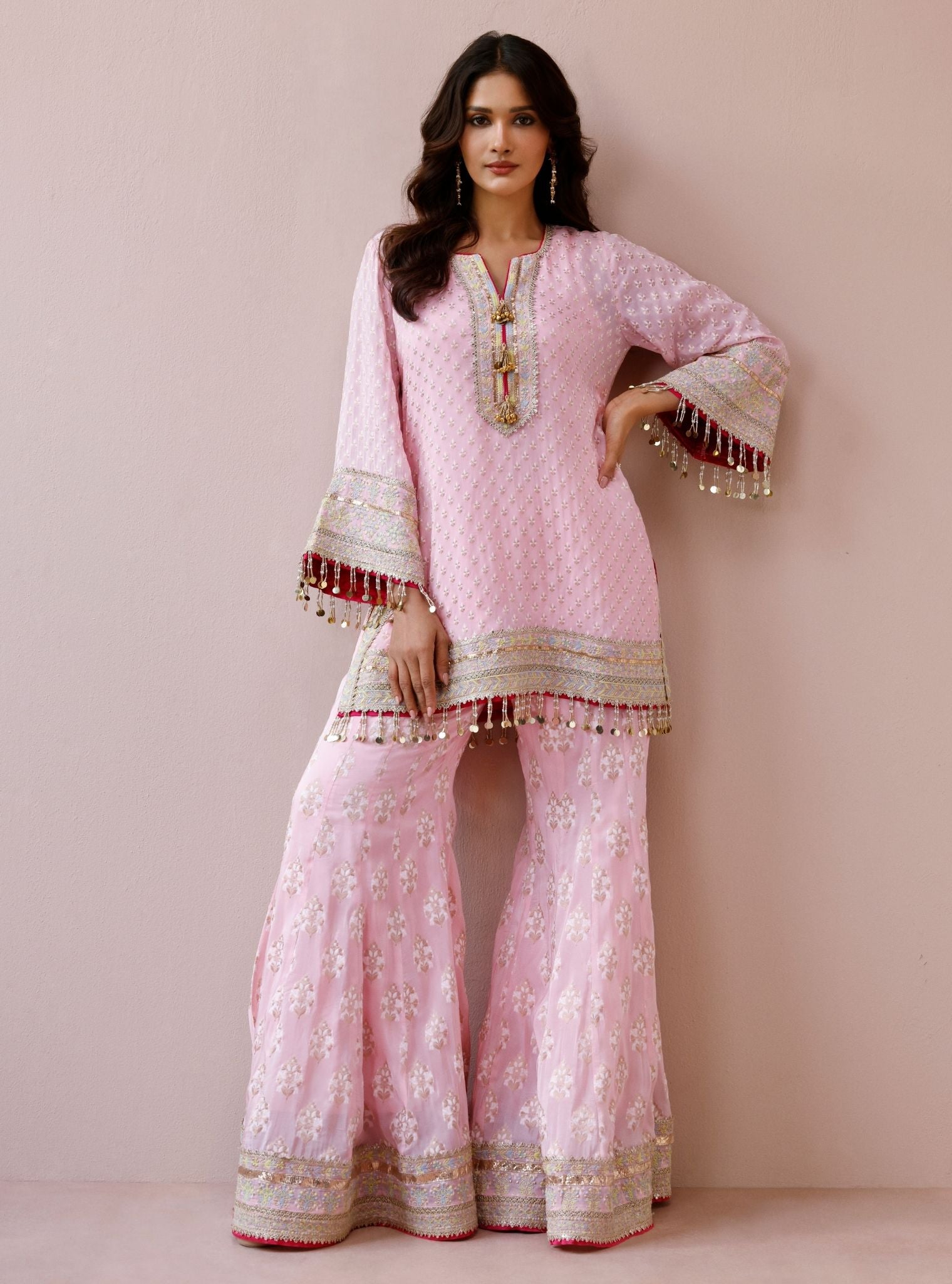 Nori Banarsi Pink Short Kurta with Sharara