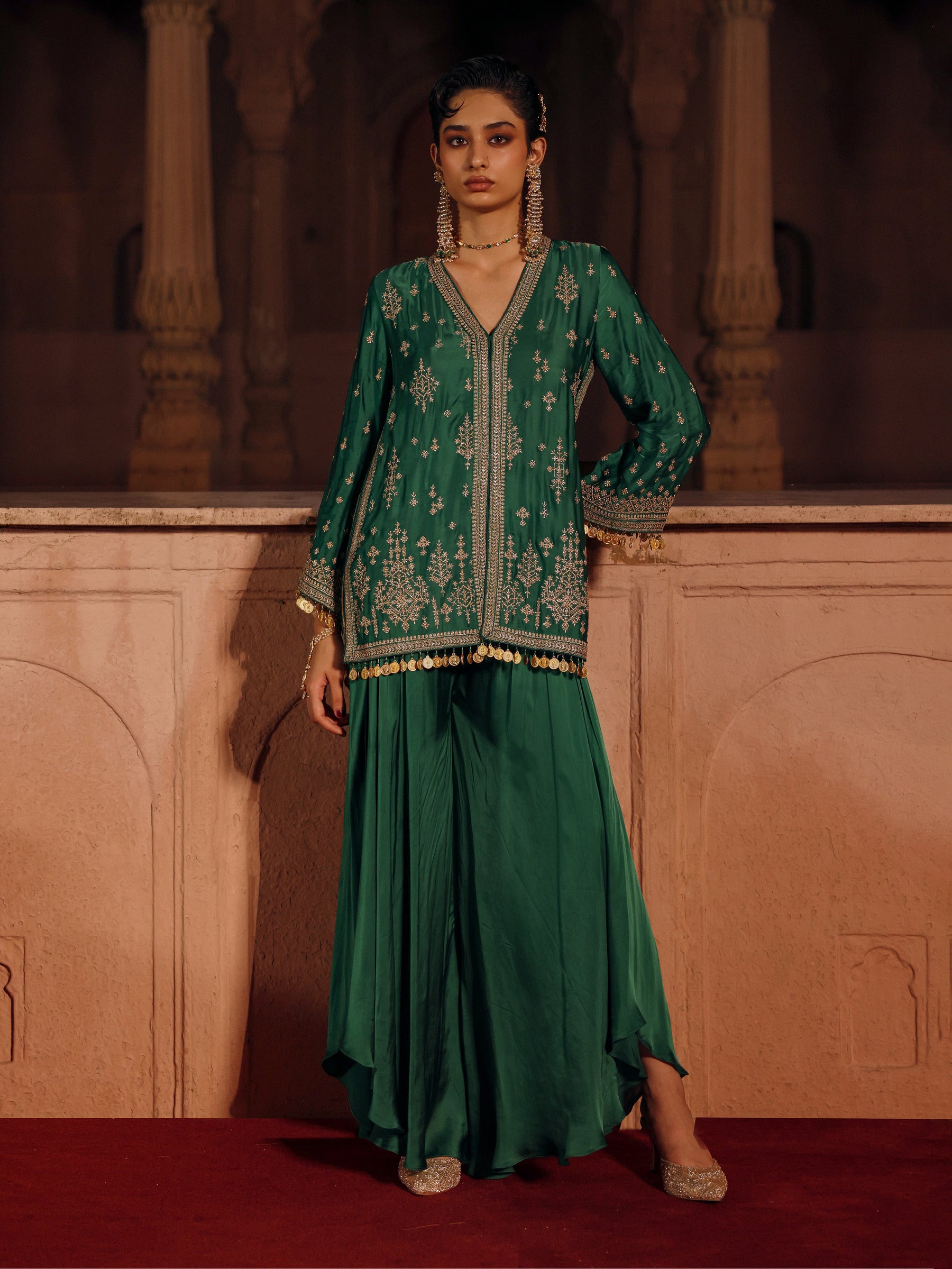 Laado Cupro Satin Emerald Green Short Kurta with Draped Pants