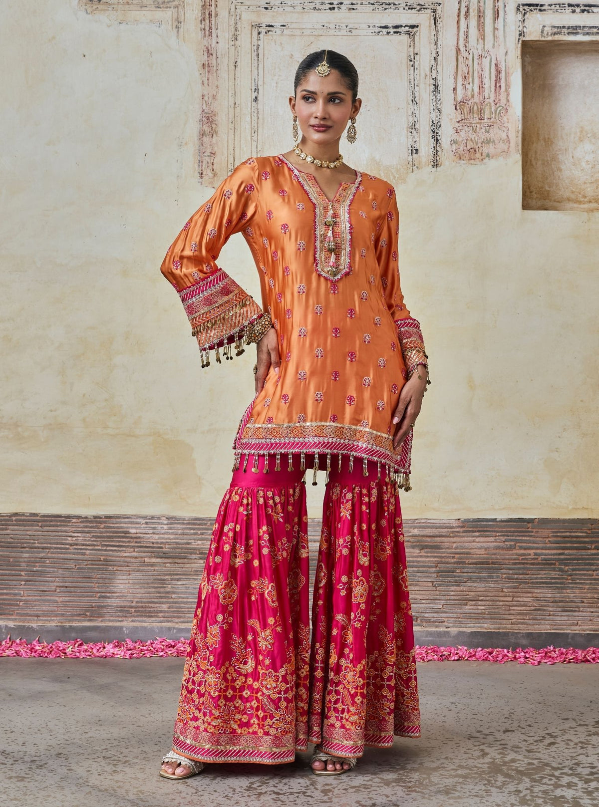 Surkhi Cupro Satin Orange Kurta with Garara
