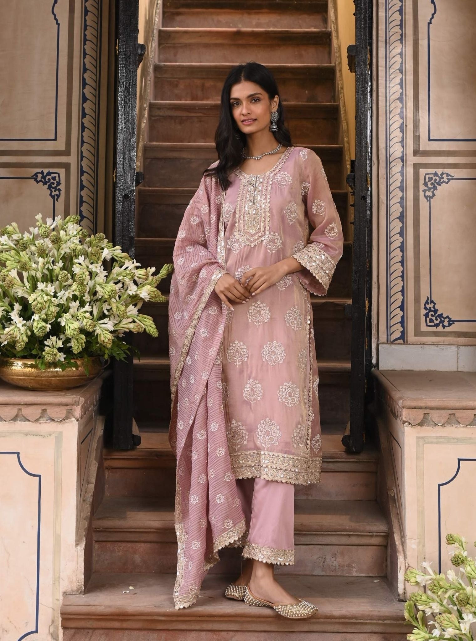 Mulmul Luxe Tissue Kasuri Lilac Kurta with Mulmul Pima Satin Kasuri Lilac Pant