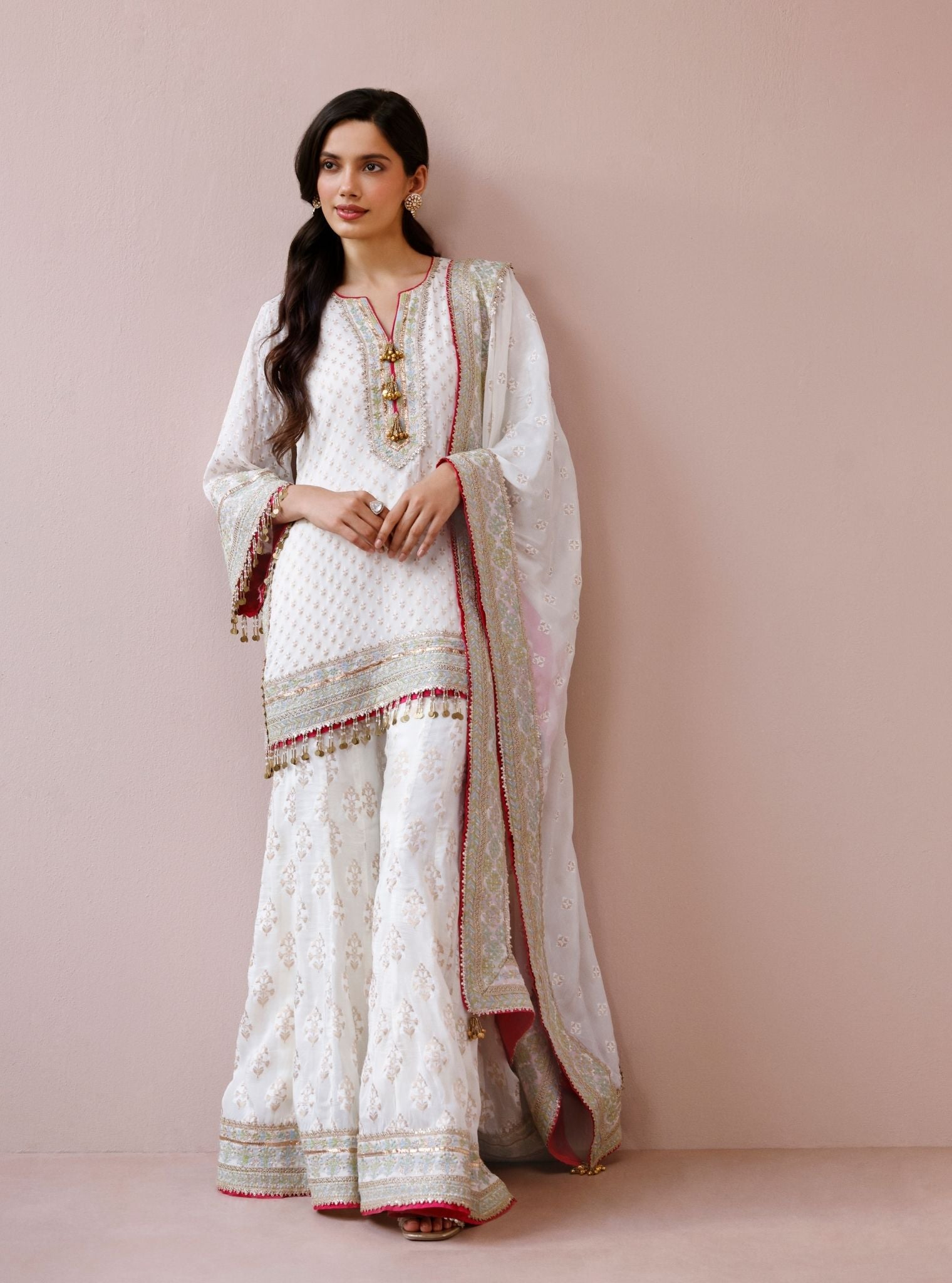 Nori Banarsi Off-White Short Kurta with Sharara