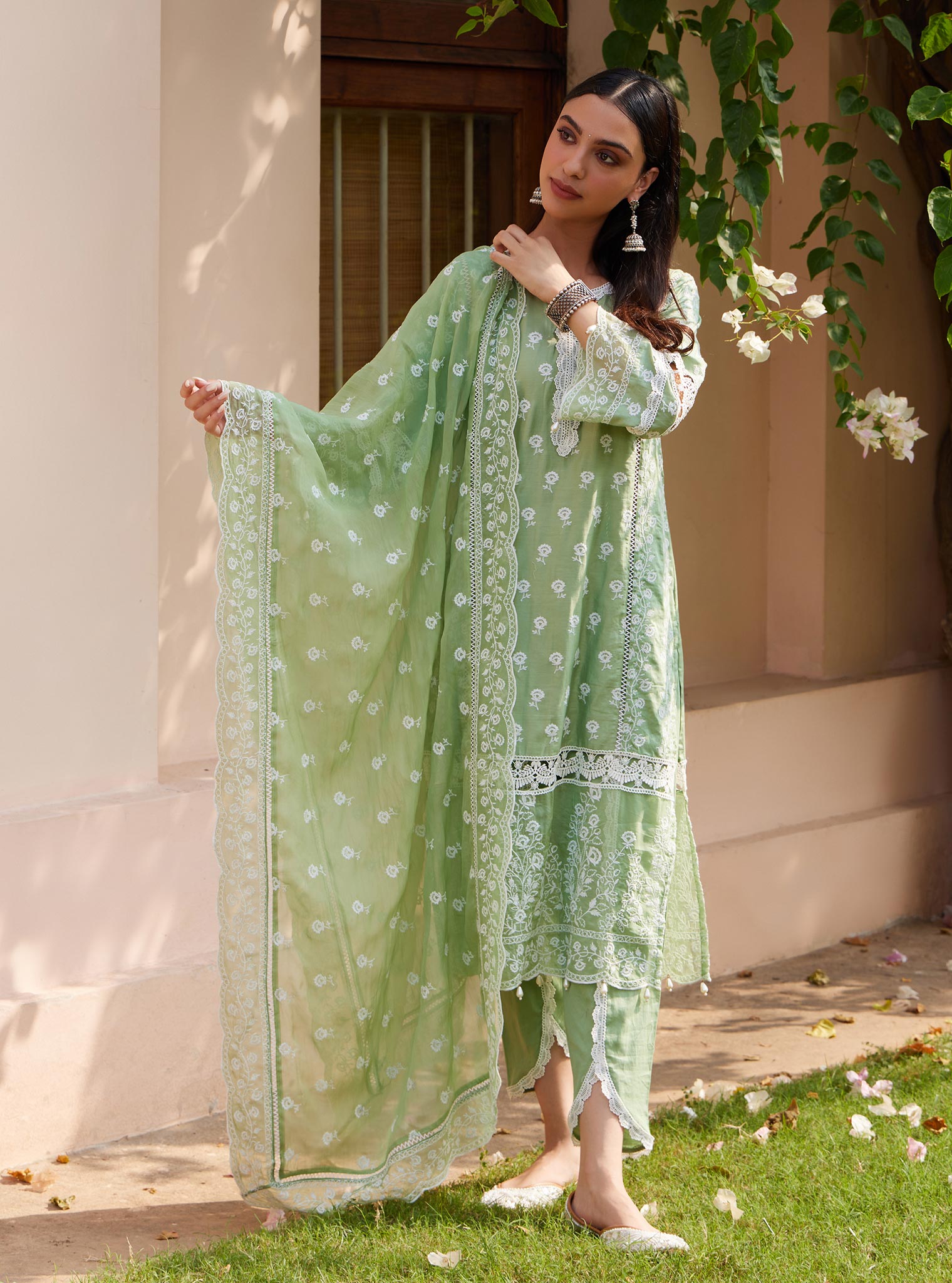 Mulmul Pima Svasti Green Kurta with Mulmul Pima Svasti Green Pant