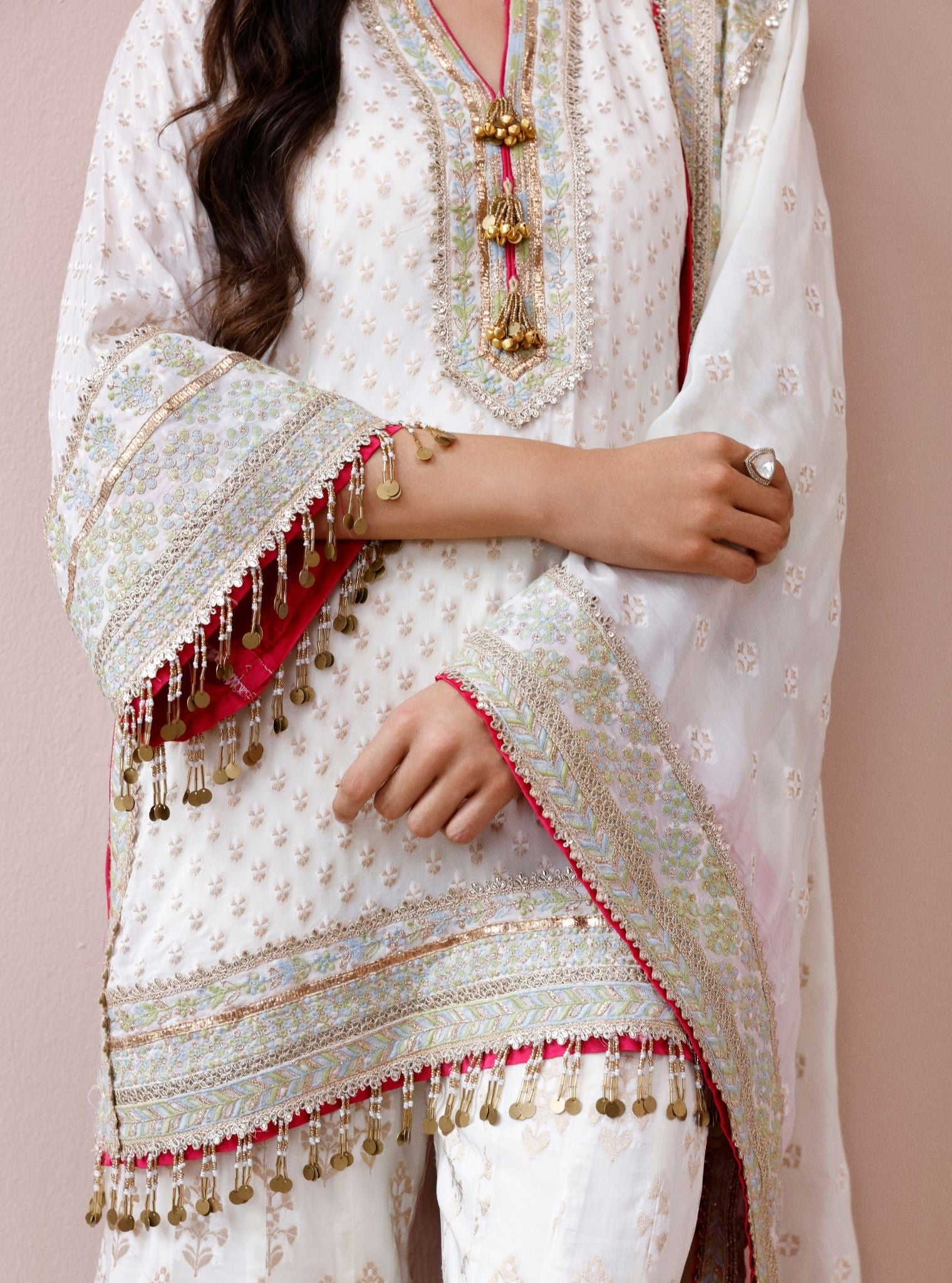 Nori Banarsi Off-White Short Kurta with Sharara