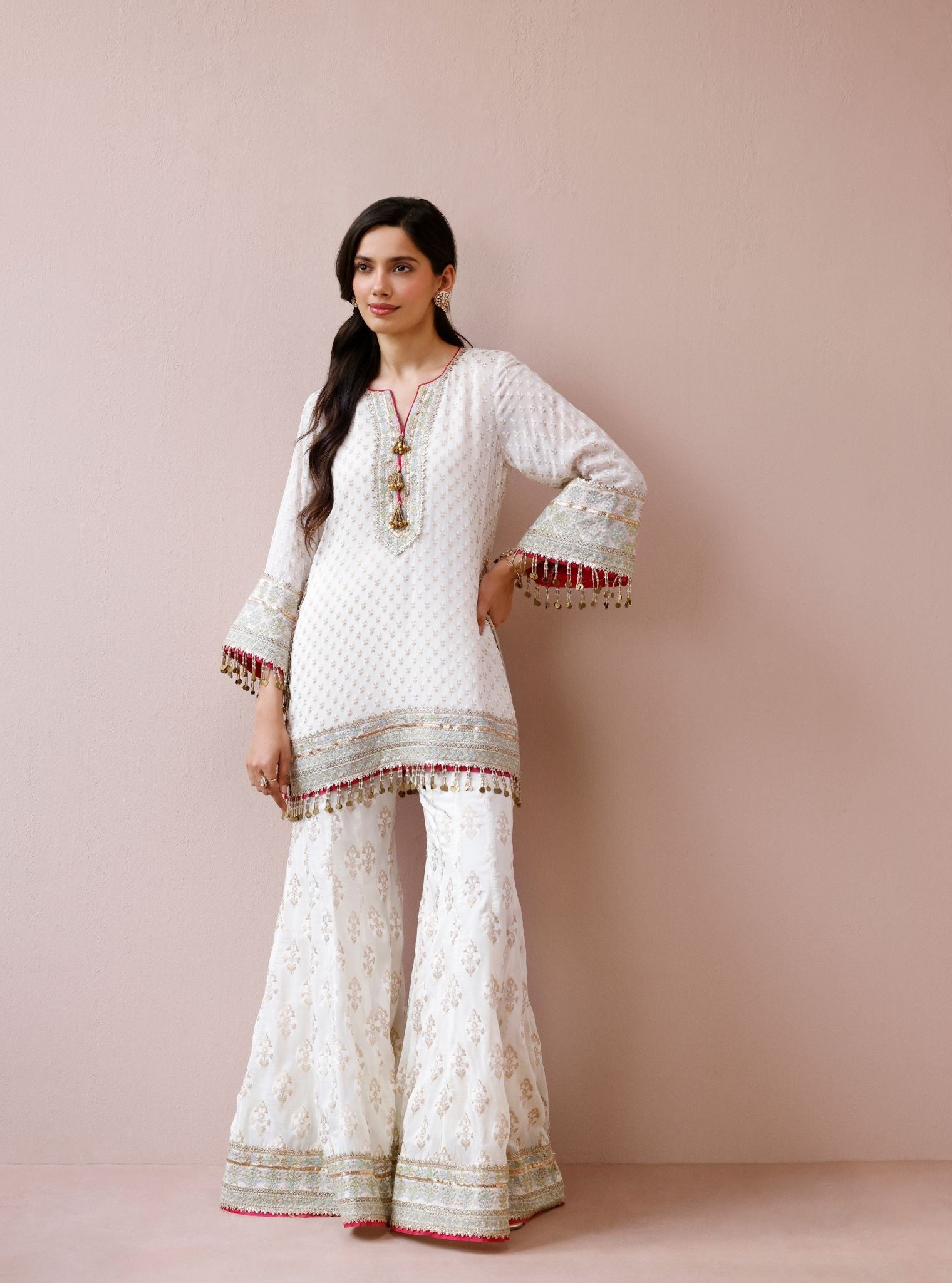 Nori Banarsi Off-White Short Kurta with Sharara