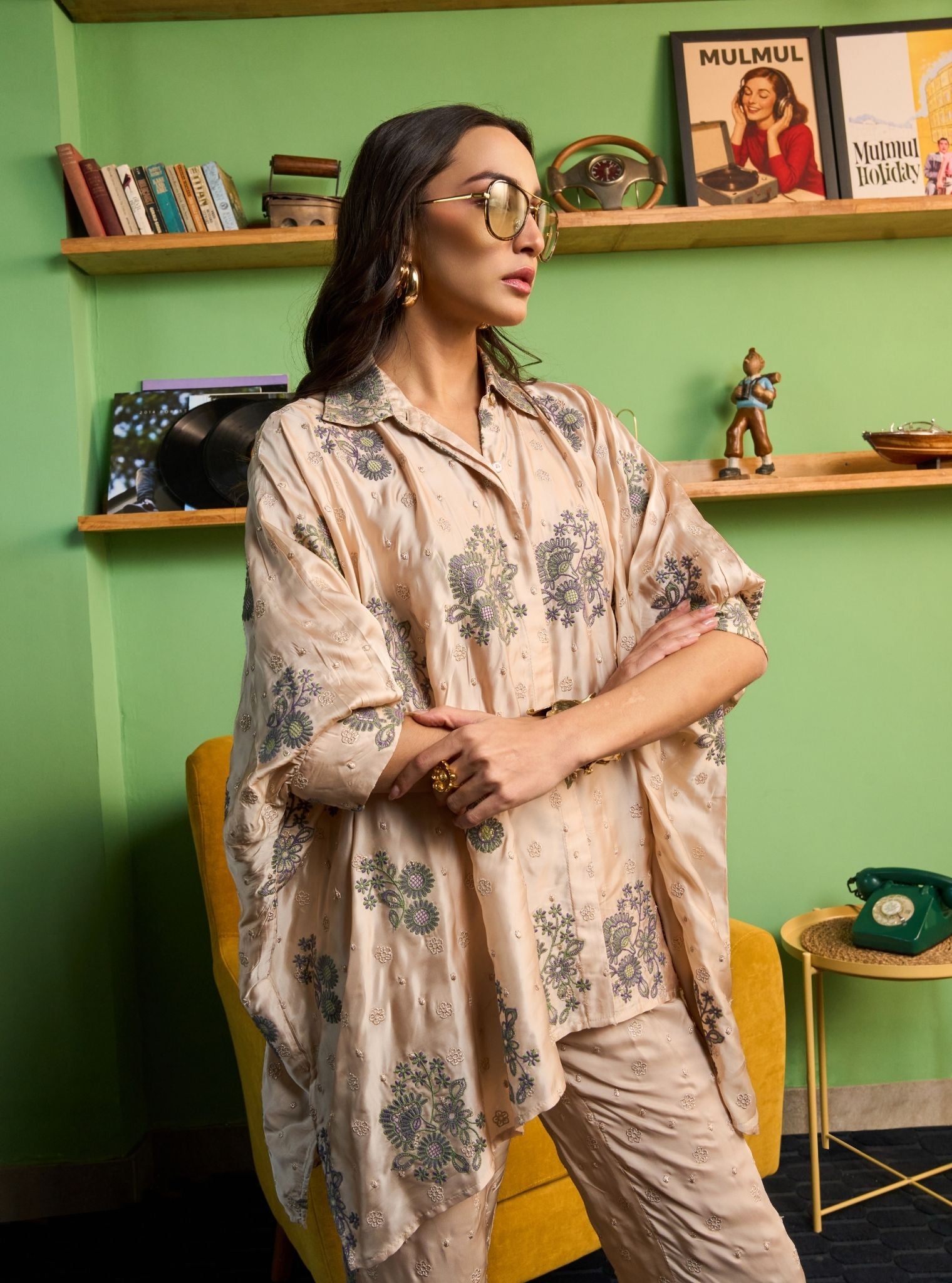 Siyaahi Cupro Satin Champagne Printed Shirt Set