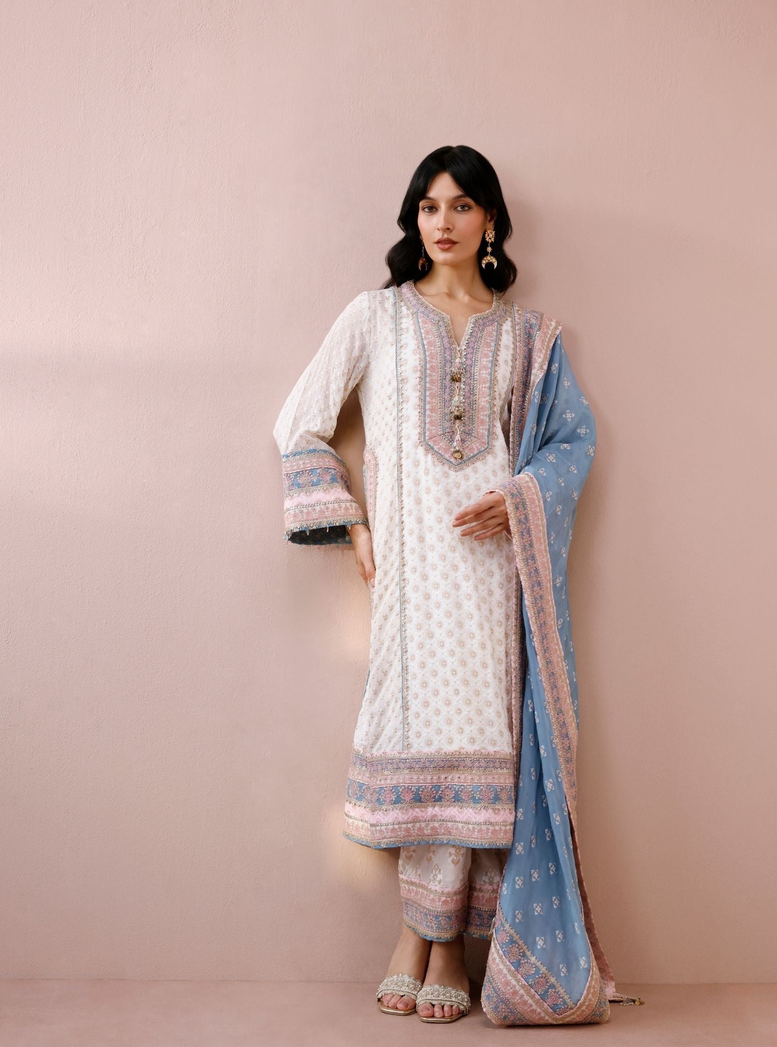 Orelia Banarsi Off-White Long Kurta Set