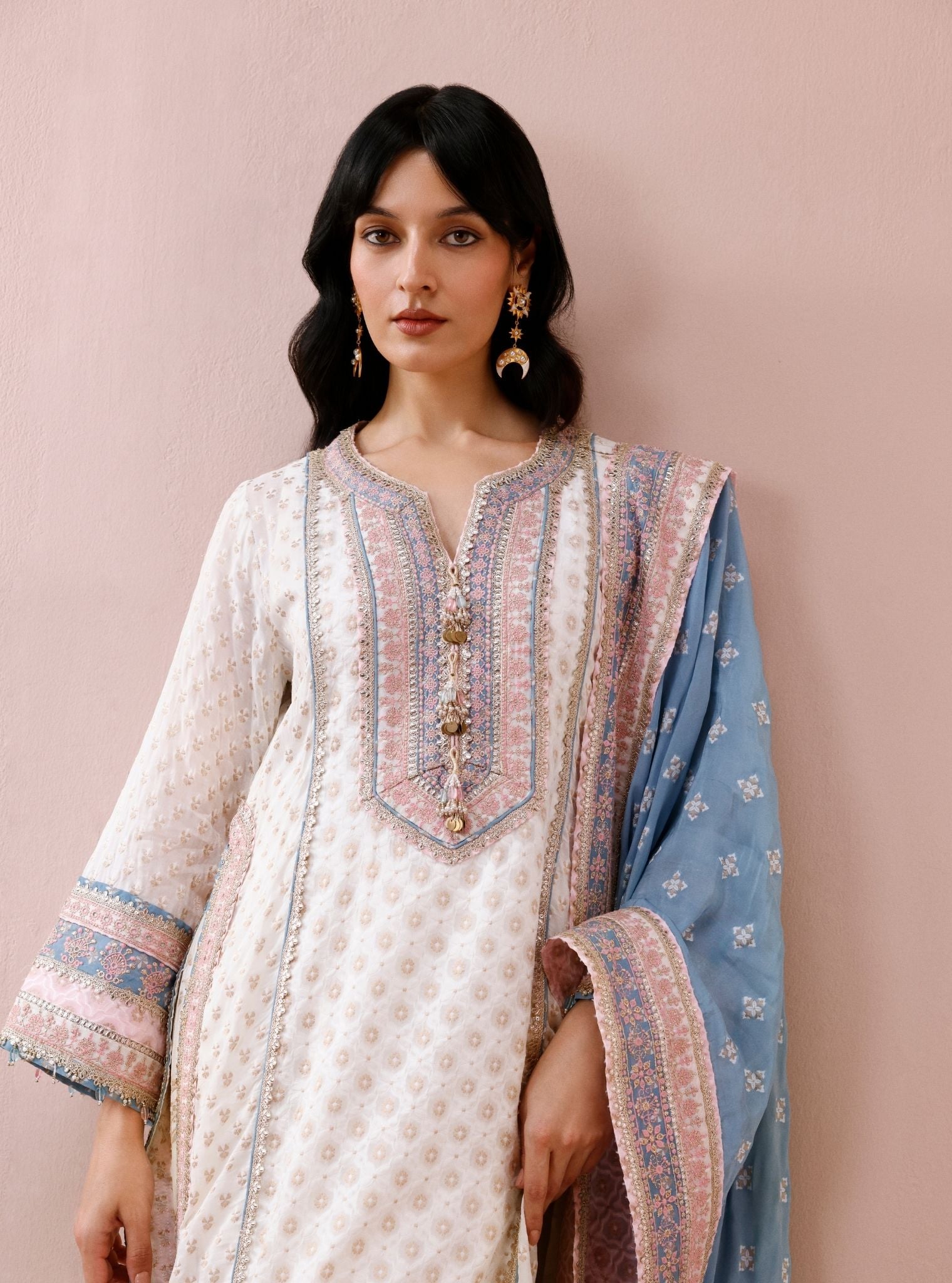 Orelia Banarsi Off-White Long Kurta Set